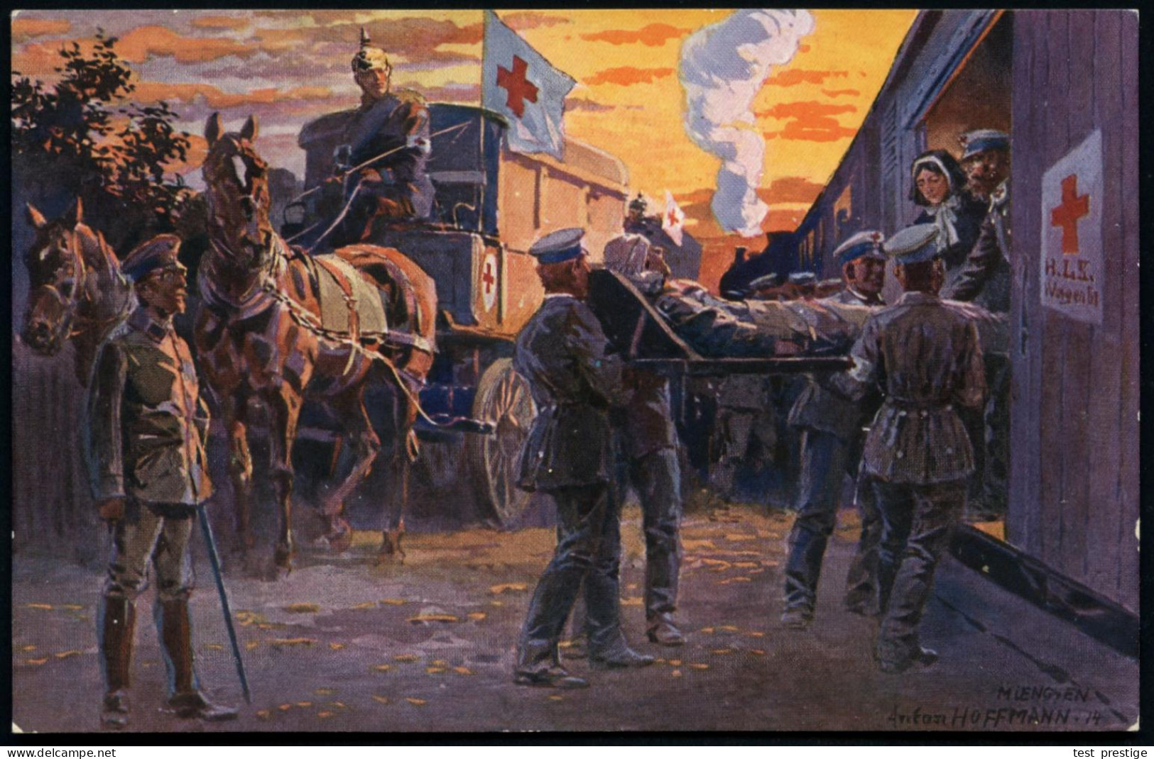 BAYERN 1914 5 Pf. Hupp-Wappen, Grün: R.K-Sammlung 1914: Pferde-Wagen, Lazarettzug Mit Dampflok, RK-Flagge Etc. (Verwunde - Croce Rossa