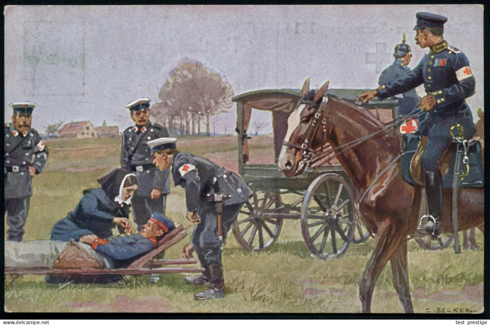 BAYERN 1914 PP 5 Pf. Hupp-Wappen, Grün: R.K.-Sammlung 1914 Mit RK-Kutsche, RK-Offz. Zu Pferd, Personal Mit RK-Schwester  - Rotes Kreuz