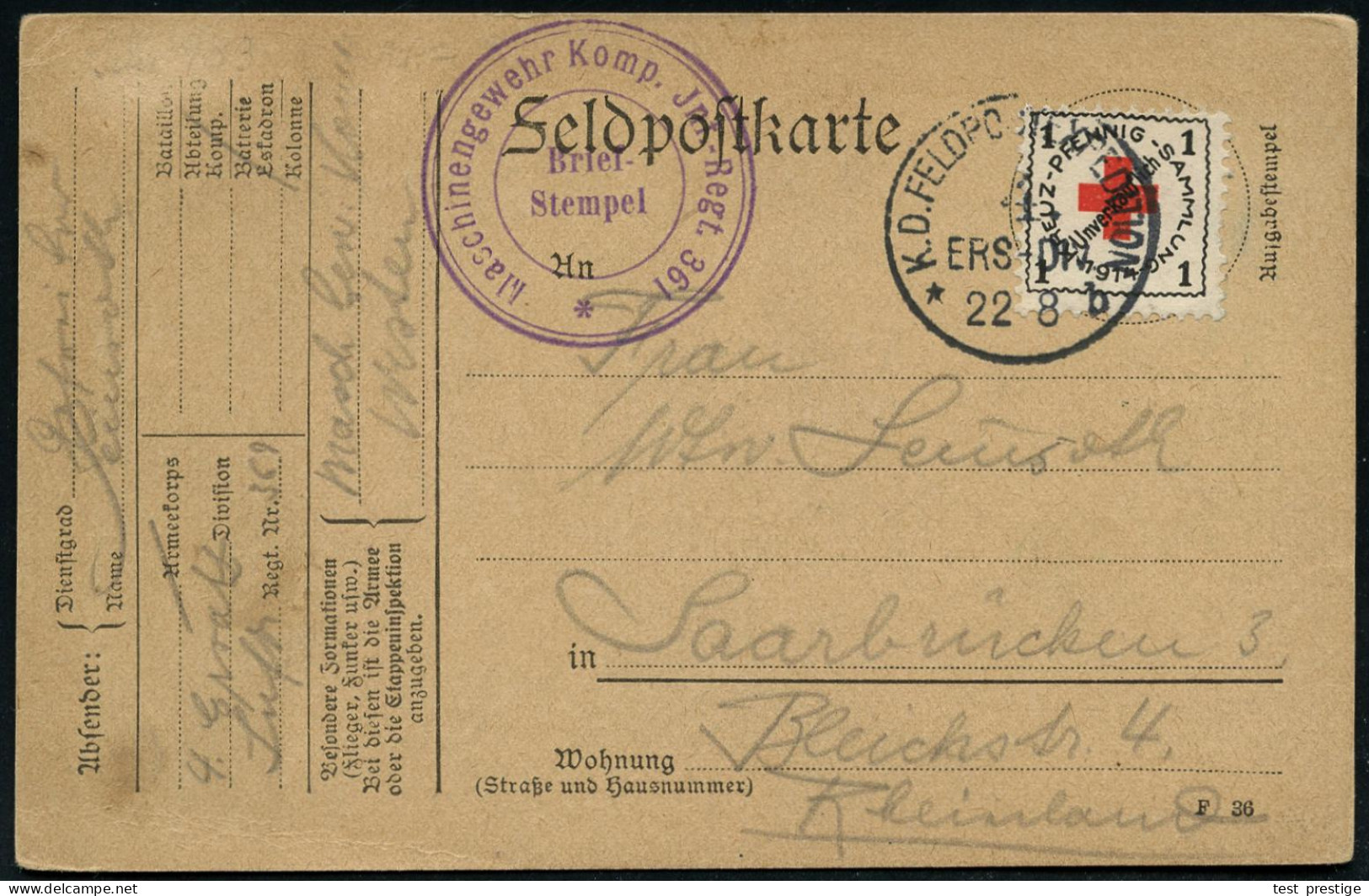 DEUTSCHES REICH 1915 (22.8.) 1K: K. D. FELDPOST-EXPEDITION/4.ERS.-DIV/* B Auf RK-Spendenmarke 1 Pf. "Pfennig-Sammlung" ( - Red Cross
