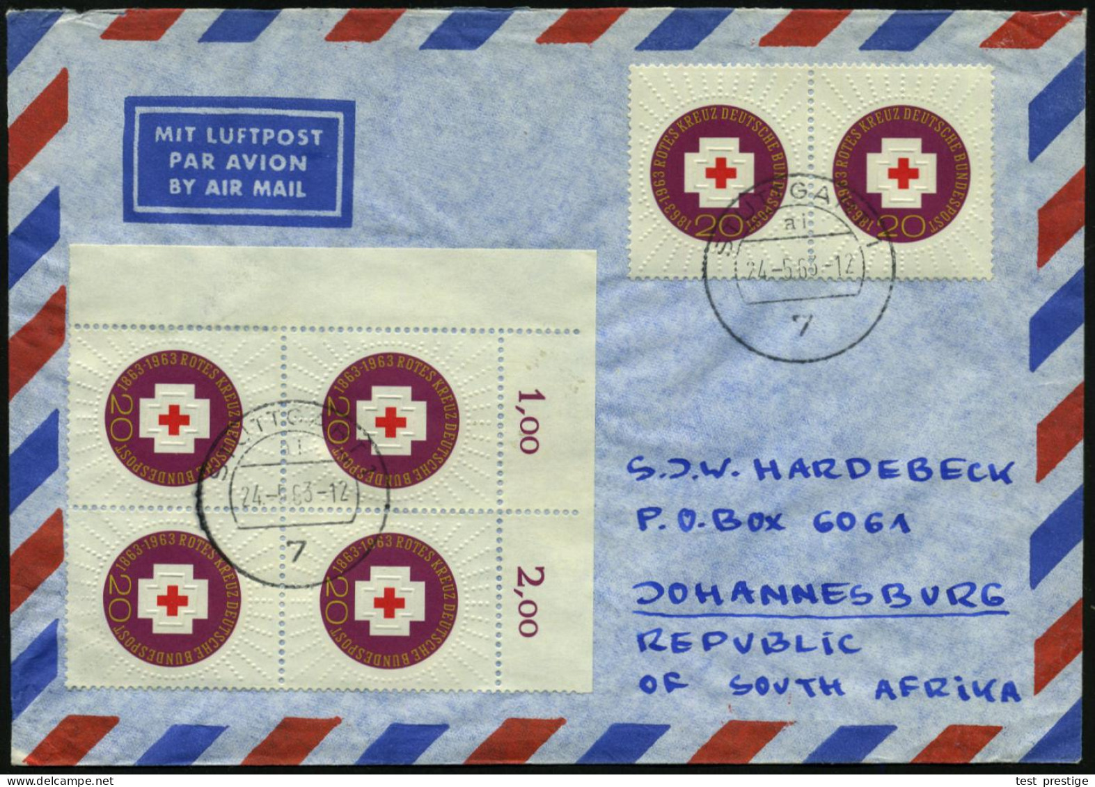 B.R.D. 1963 (24.5.) 20 Pf. "100 Jahre Internat. Rotes Kreuz", Reine MeF: Bogen-Eckrand-4er-Block + Paar (6 Stück) Klar G - Red Cross