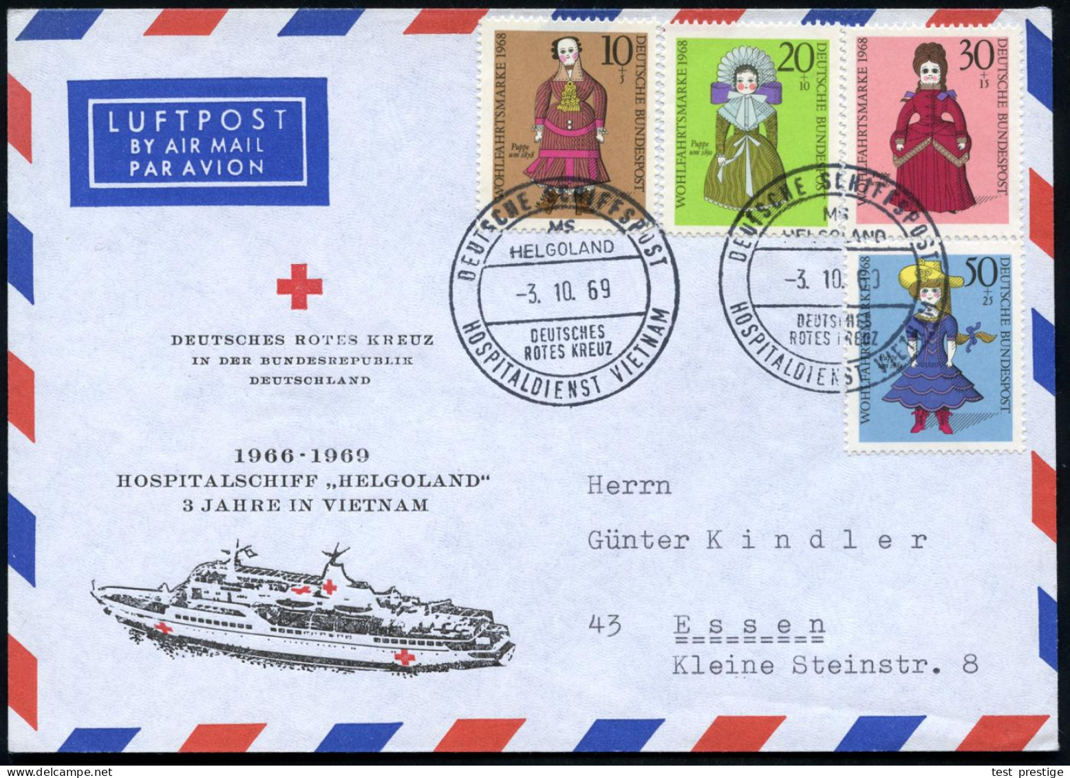 B.R.D. 1969 (3.10.) 2K-BPA: DEUTSCHE SCHIFFSPOST/MS/HELGOLAND/DRK/HOSPITALDIENST VIETNAM 2x Klar Auf BRD-Wofs-Satz (Mi.5 - Red Cross