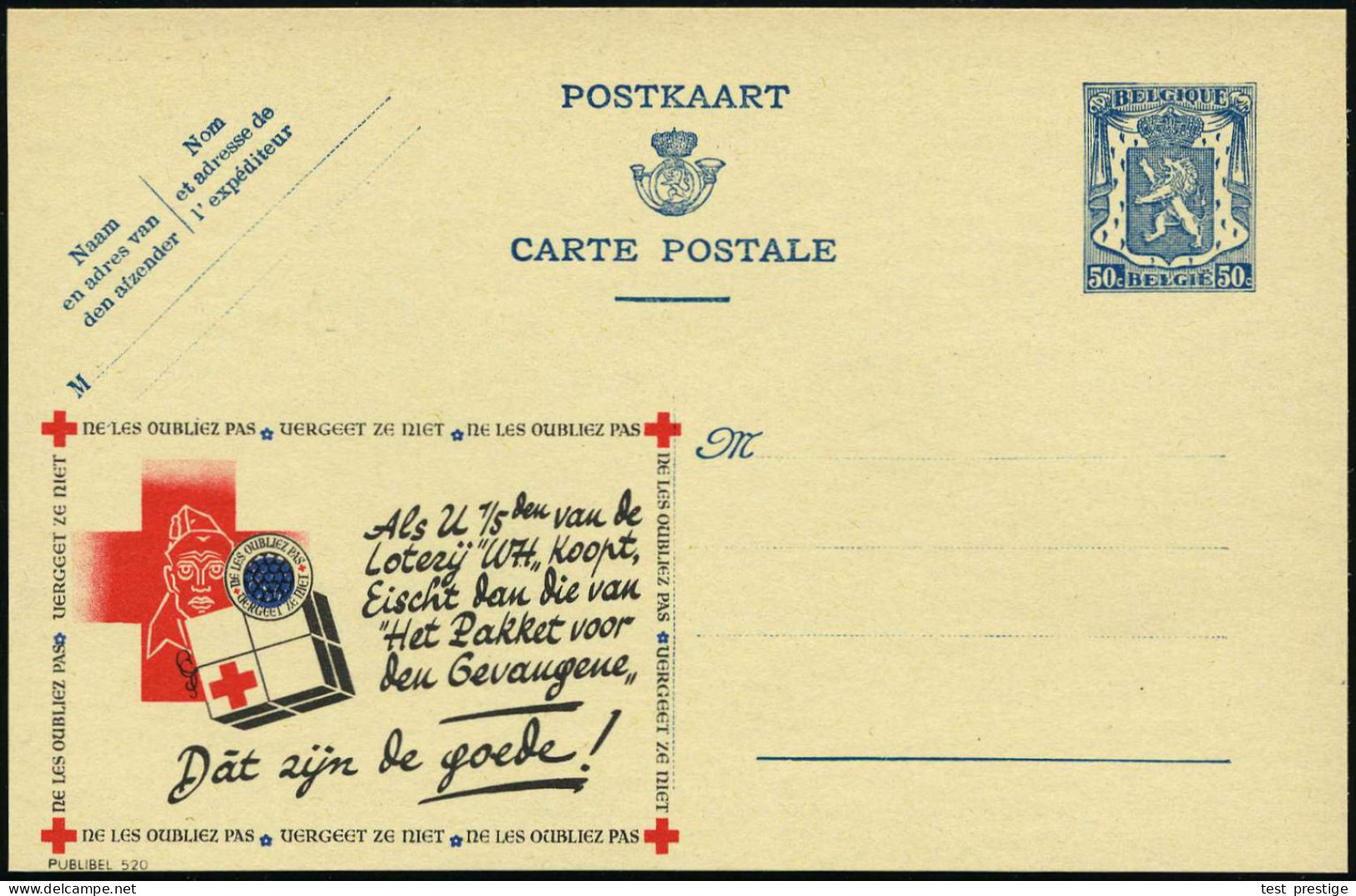 BELGIEN 1941 50 C. Reklame-P Blau: ..Loterij.."Het Pakket Voor Den Gevangene".. (RK-Paket/Kgf) = RK-Lotterie Für Belgisc - Rotes Kreuz