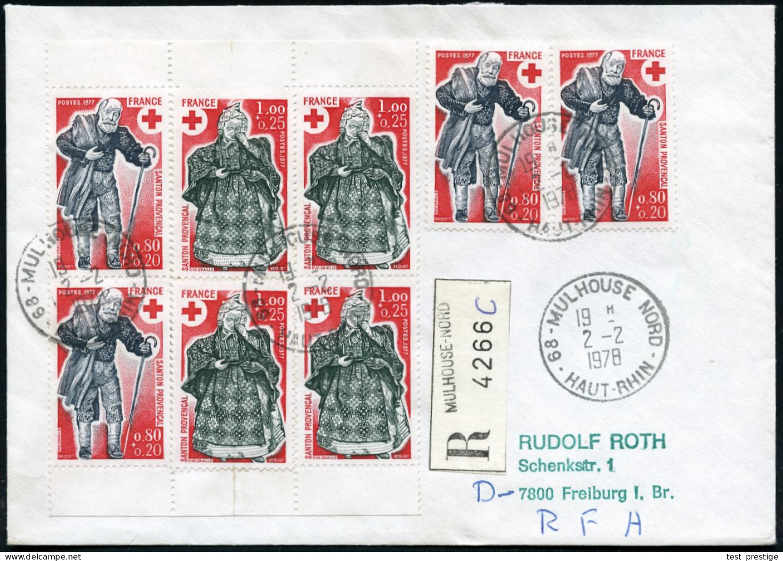 FRANKREICH 1977 (14.12.) 2 Rotkreuz-MH-Seiten = 4 X Rotkreuz-Satz Weihnachtsfiguren , Klar Gest. + RZ: MULHOUSE-NORD, Sa - Red Cross