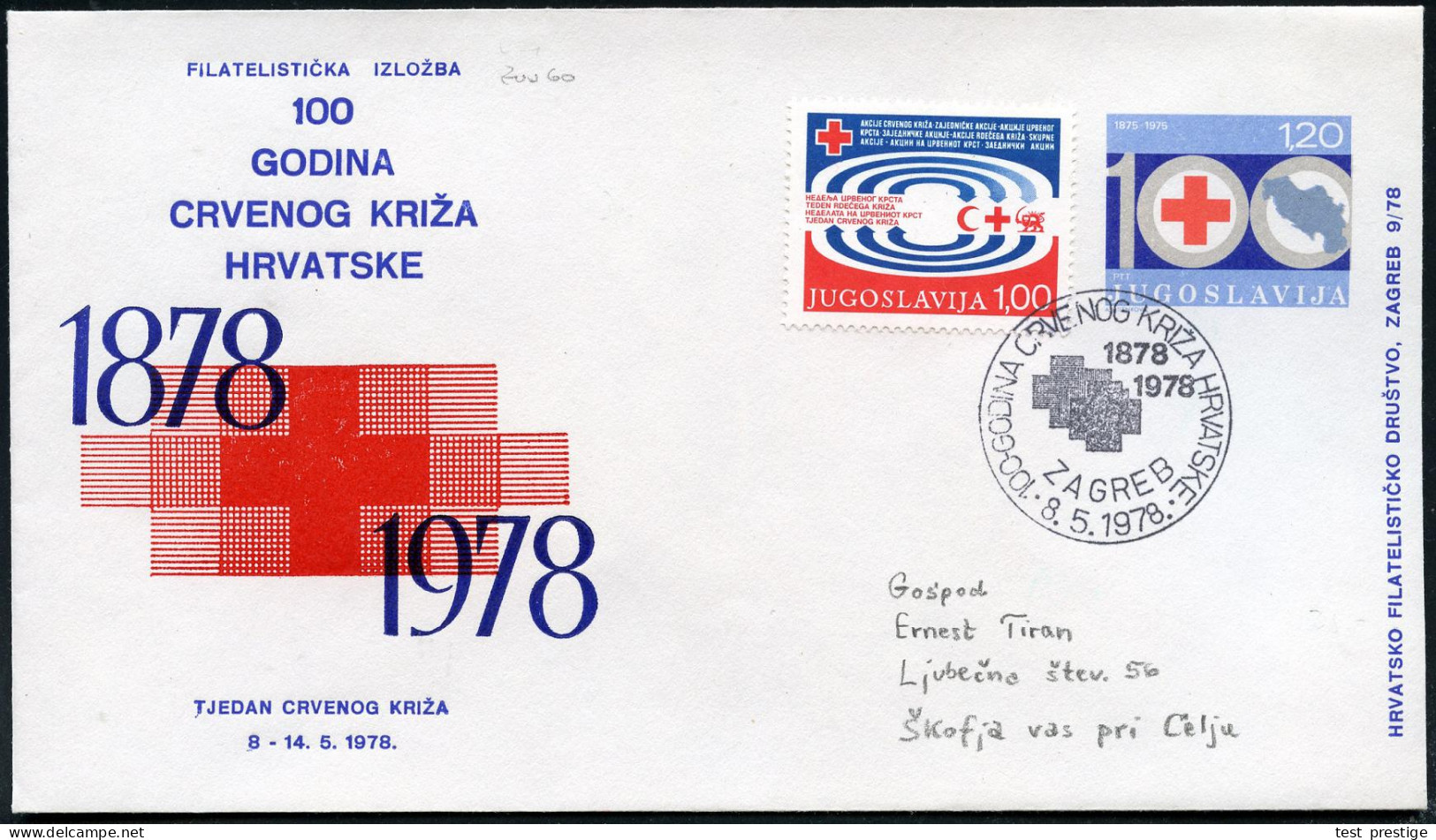 JUGOSLAWIEN 1978 (8.5.) PU 1,20 Din. "100 Jahre Rotes Kreuz V.Kroatien" + RK-Zwangszuschlag (Mi.Zw.60) Inl.-Bf. (Mi.PU 8 - Red Cross