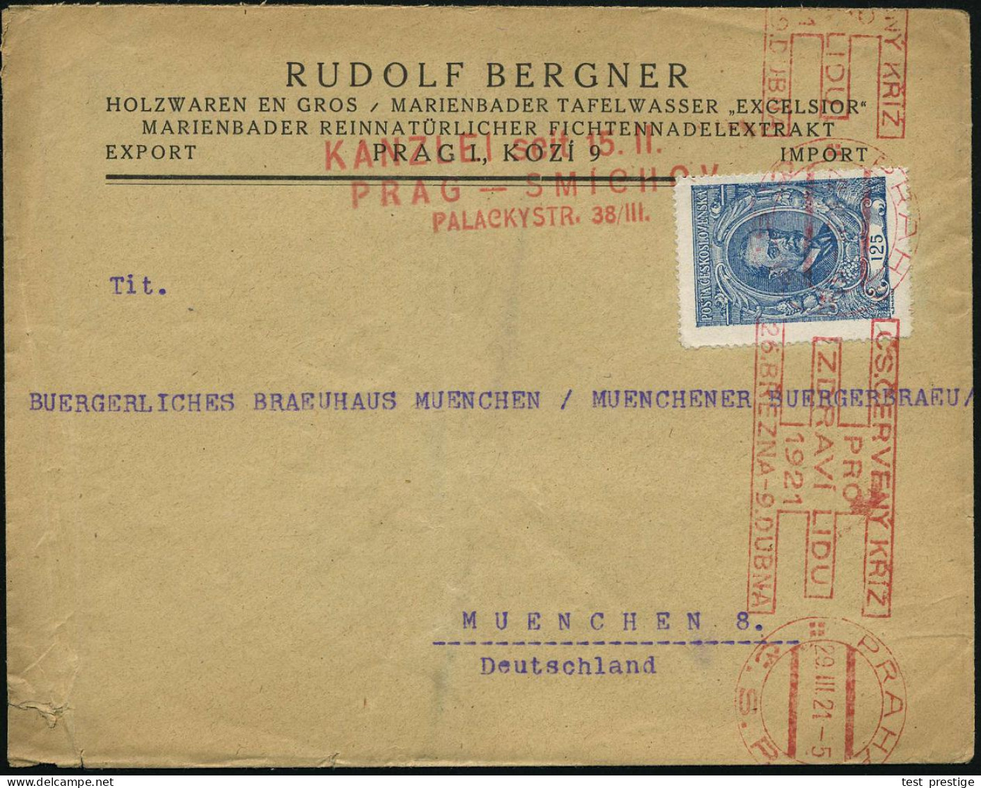 TSCHECHOSLOWAKEI 1921 (8.4.) Seltener, Roter Band-MWSt: PRAHA/C.S.R./CS. CERVENY KRIZ/PRO/ZDRAVI LIDU = Rotkreuz-Ausstel - Cruz Roja