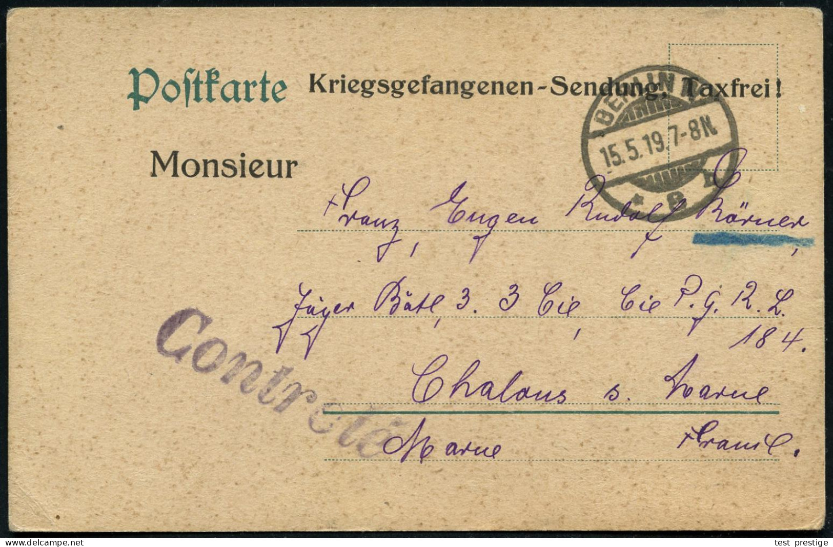 BERLIN W/ *8b 1919 (15.5.) 1K-Gitter + Viol. Französ. Zensur-1L: Controlé , Kgf.-Kt.: Kriegsgefangenen-Sendung Taxfrei!  - Red Cross