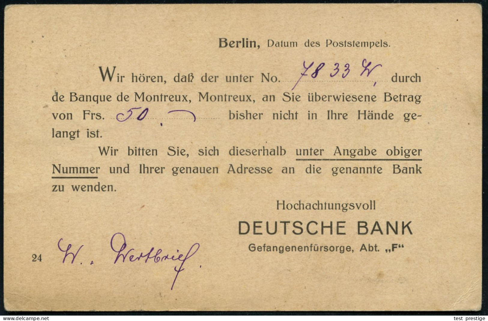 BERLIN W/ *8b 1919 (15.5.) 1K-Gitter + Viol. Französ. Zensur-1L: Controlé , Kgf.-Kt.: Kriegsgefangenen-Sendung Taxfrei!  - Rotes Kreuz