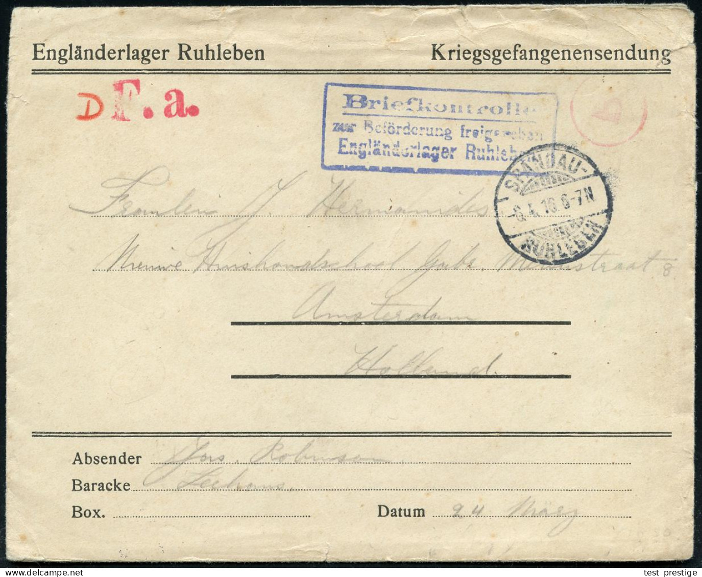 Berlin-Ruhleben 1916 (6.4.) 1K-Gitter: SPANDAU-/RUHLEBEN + Viol. Ra.3: Briefkontrolle/zur Beförderung Freigegeben/ Englä - Cruz Roja