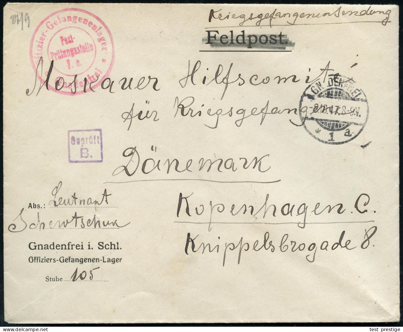 GNADENFREI/ *1a 1917 (8.10.) 1K-Gitter + Zensur-2K: Offizier-Gefangenenlager/Post-/Postprüfungsstelle/F.a./ Gnadenfrei + - Cruz Roja