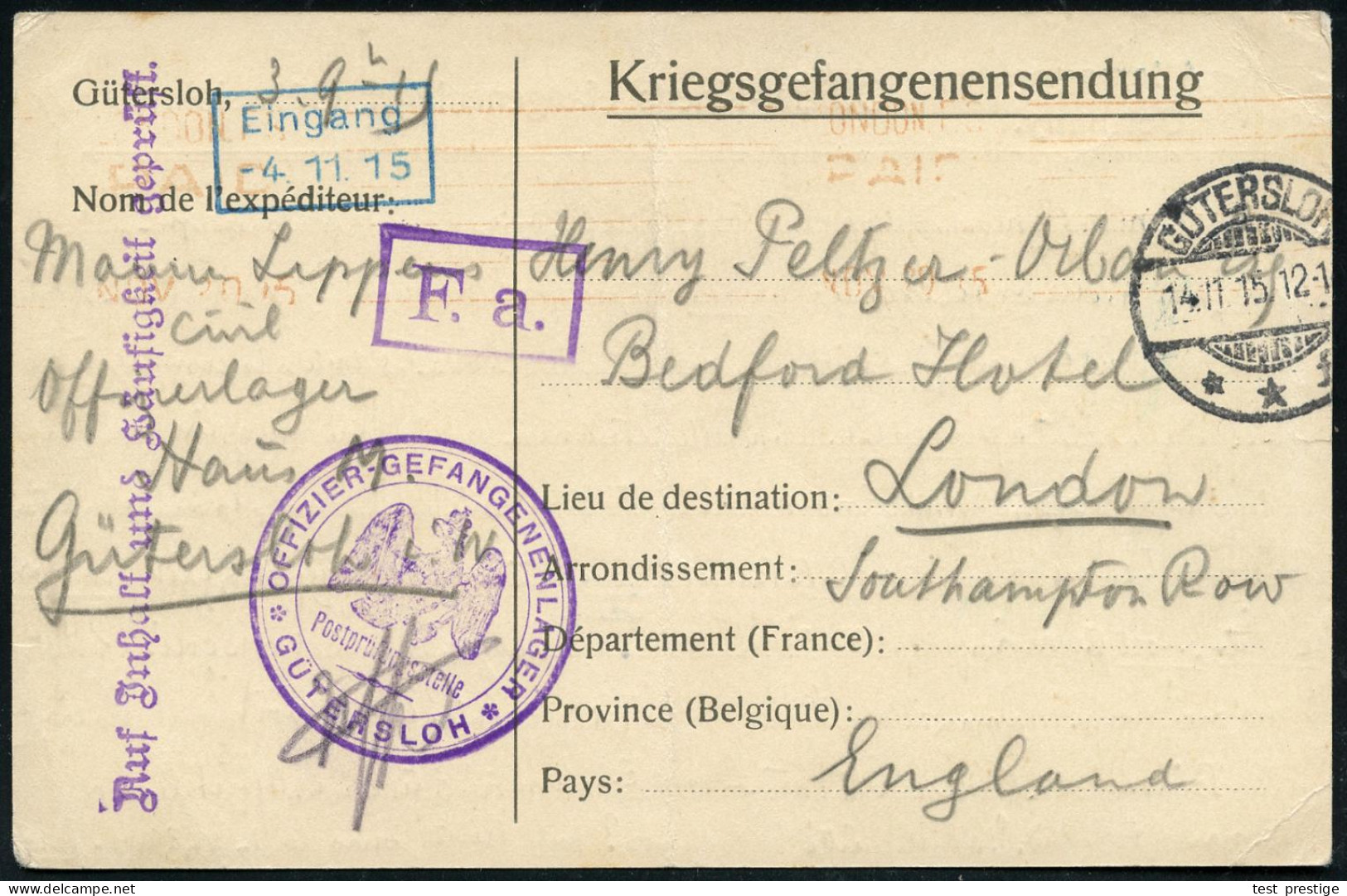 GÜTERSLOH/ **f 1915 (14.11.) 1K-Gitter + Viol. 3K: OFFIZIER-GEFANGENENLAGER/Postprüfungsstelle/GÜTERSLOH + Ra.: F.a. + 1 - Cruz Roja