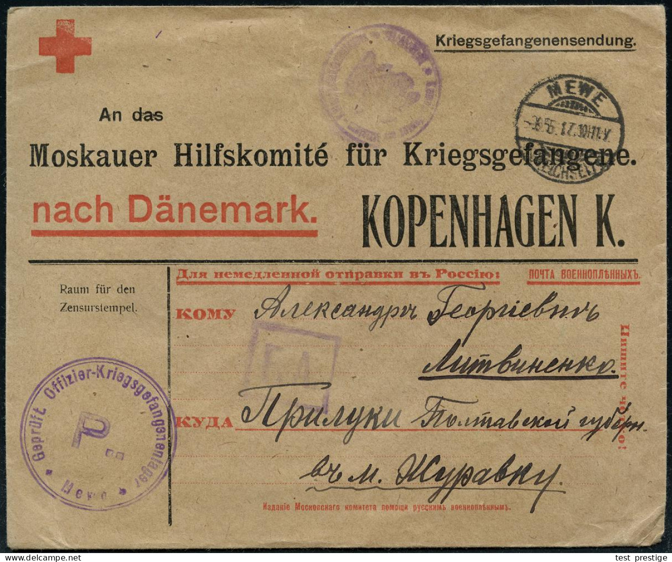 MEWE/ *(WEICHEL)/ A 1917 (6.5.) 1K-Gitter + Viol. 2K-HdN: Geprüft Offizier -Kriegsgefannenlager/P../Mewe (Wo.96 D, + 50  - Rotes Kreuz