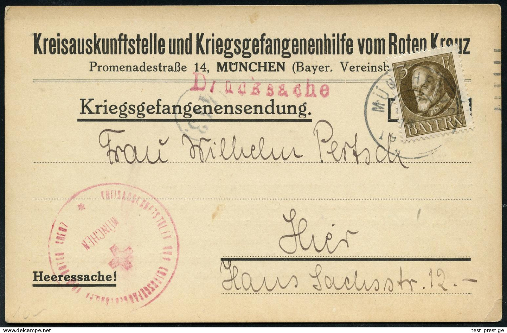 München 1918 (17.4.) 2K + Rotviol. RK-HdN: KREISAUSKUNFSTELLE UND KRIEGSGEFANGENENHILFE VOM ROTEN KREUZ Auf Entspr. Vord - Red Cross