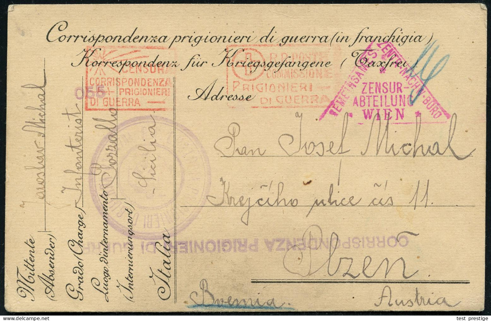 ITALIEN /  ÖSTERREICH 1916 (17.5.) Kgf.-Vordr.-Kt Eines Tschechen In Ital. Lager!, Roter R.K.-Ma.St: CENSURA/ CORRISP./  - Rotes Kreuz