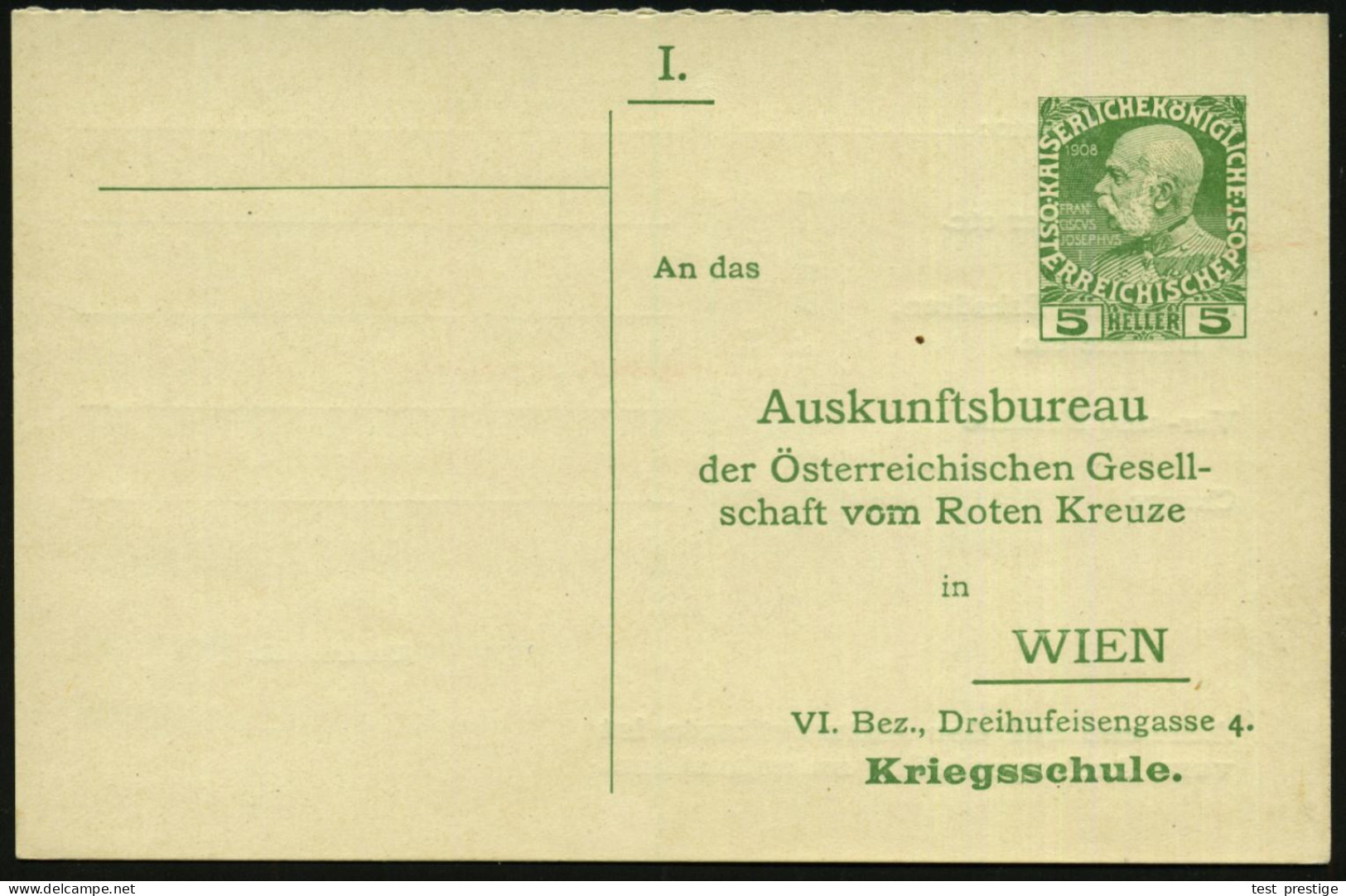 ÖSTERREICH 1914 5 H. Sonder-P. KFJ-Jubil., Grün: Auskunftsbureau Der Österr. Gesellschaft Vom Roten Kreuze Wien.. Kriegs - Rotes Kreuz