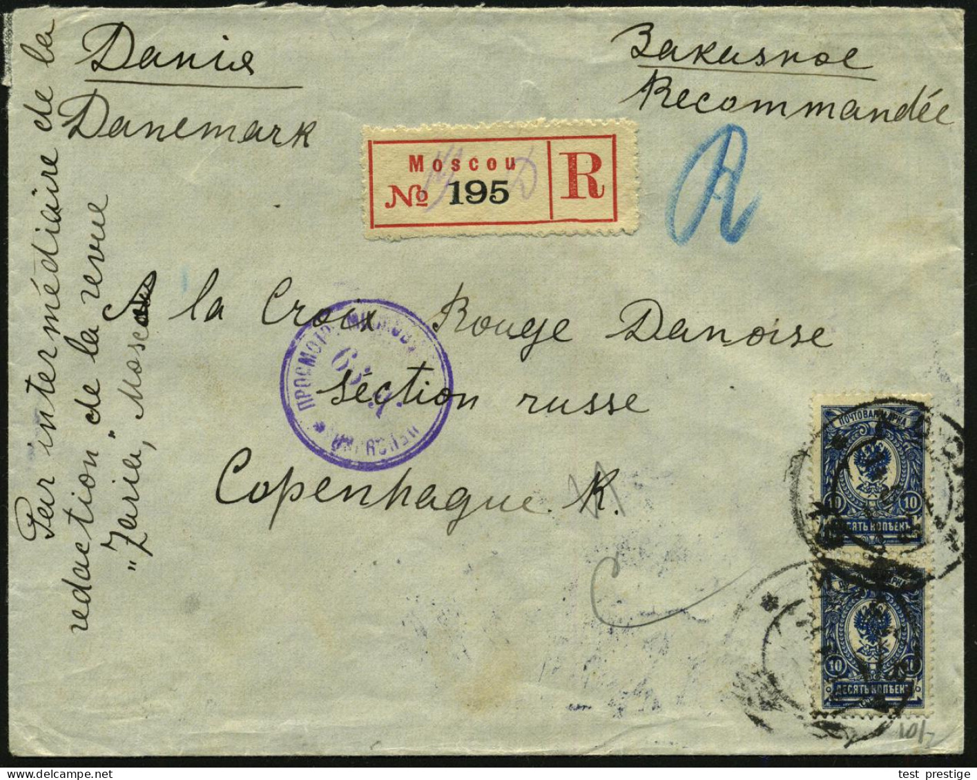 RUSSLAND 1916 (25.6.) 10 Kop. Freimarke, Blau, MeF = Paar, 2K + Gez. RZ: Moscou = Nur R-Gebühr Frankiert!, Viol. Zensur- - Croix-Rouge