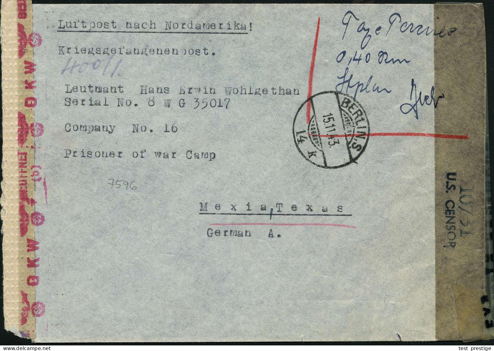 BERLIN,S./ 14/ K 1943 (15.11.) 1K-Gitter + Hs.Vermerk "Taxe Percue 0,40 RM.."  = Nur Lufp.-Gebühr! + OKW-Zensur-Streifen - Rode Kruis