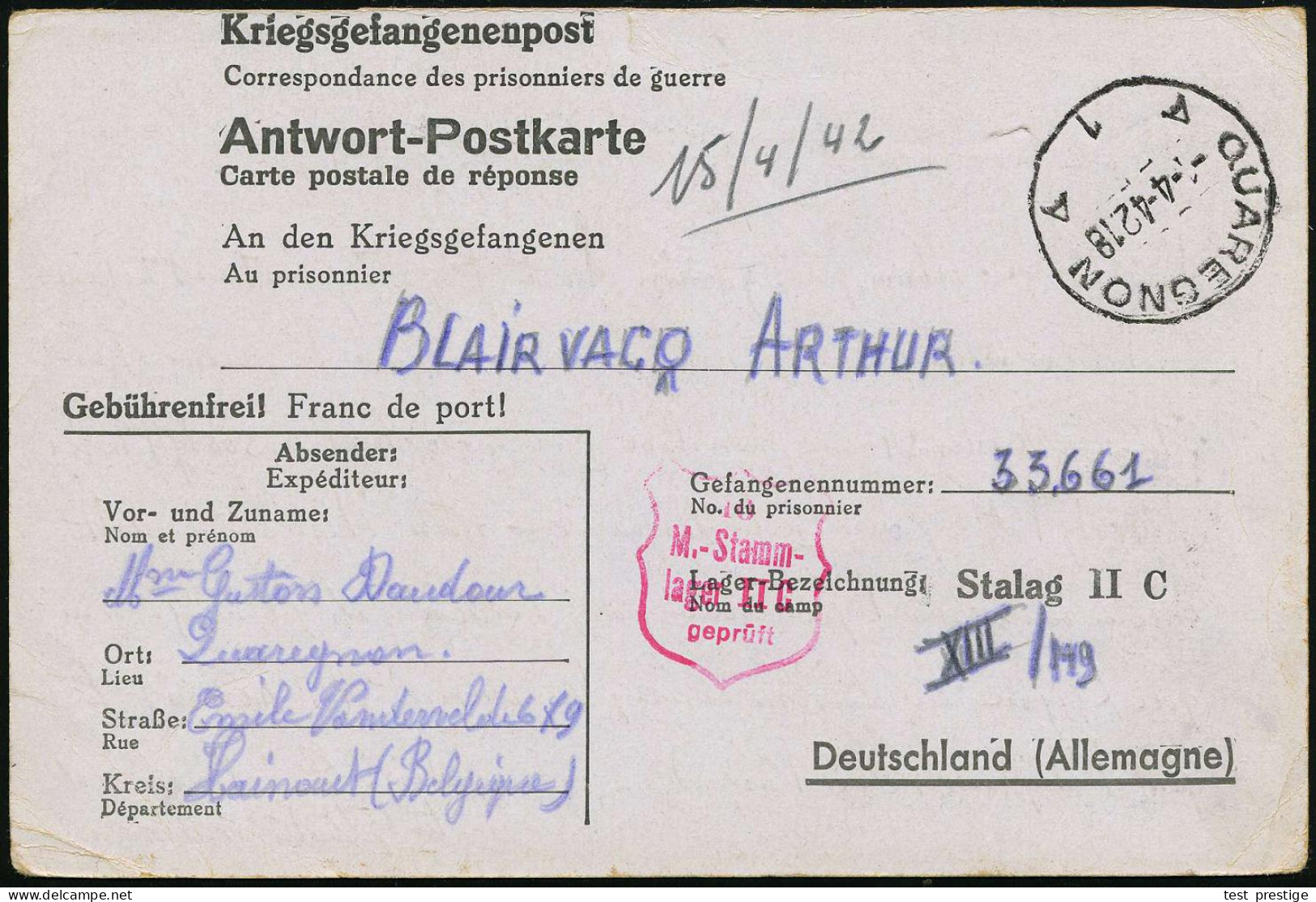 Greifswald 1942 (4.4.) 1K: QUAREGNON/A1A + Roter Eingangs-Zensur-HdN In Schildform: 16/M.-Stamm-/lager II C/geprüft = Gr - Red Cross