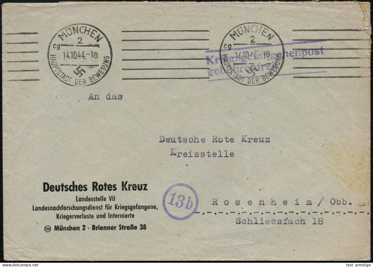 MÜNCHEN/ 2/ Cg/ HDB 1944 (14.10.) Band-MWSt Auf Dienst-Bf.: Deutsches Rotes Kreuz.. Landesnachforschungsstelle Für Krieg - Rotes Kreuz