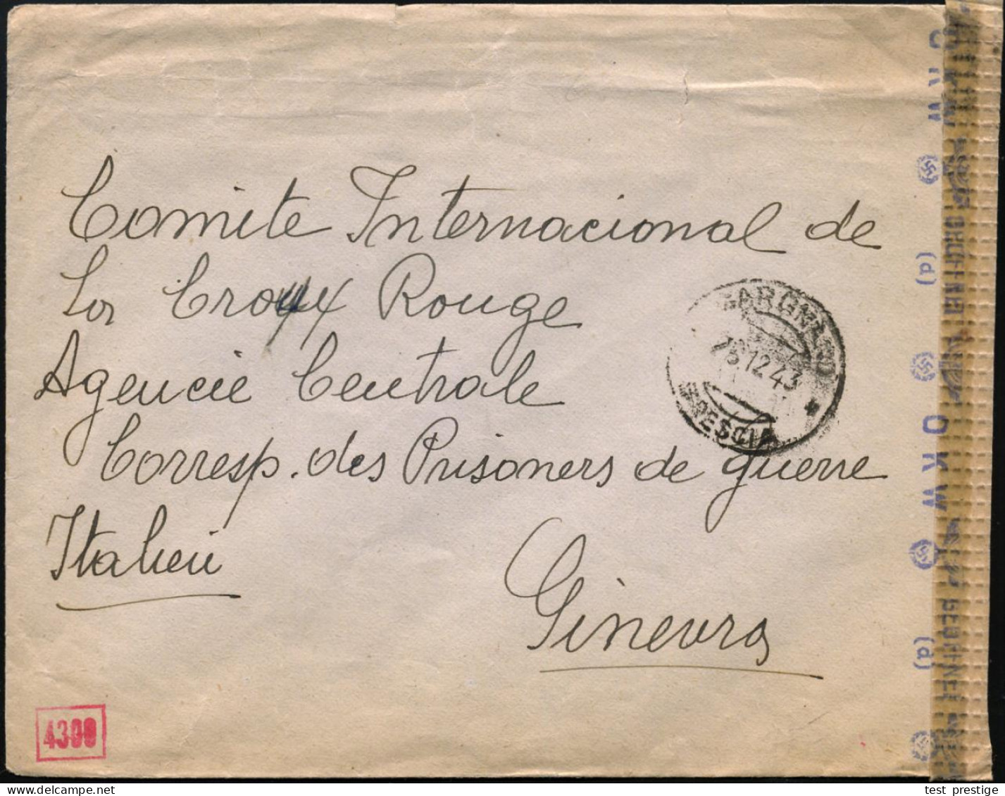 DT.BES.ITALIEN 1943 (25.12.) 1K: GARGNANO/BRESCIA + Blauer OKW-Bd.Zensur.St "d" = München (Rie.D-21) + Neutraler Riffels - Rotes Kreuz