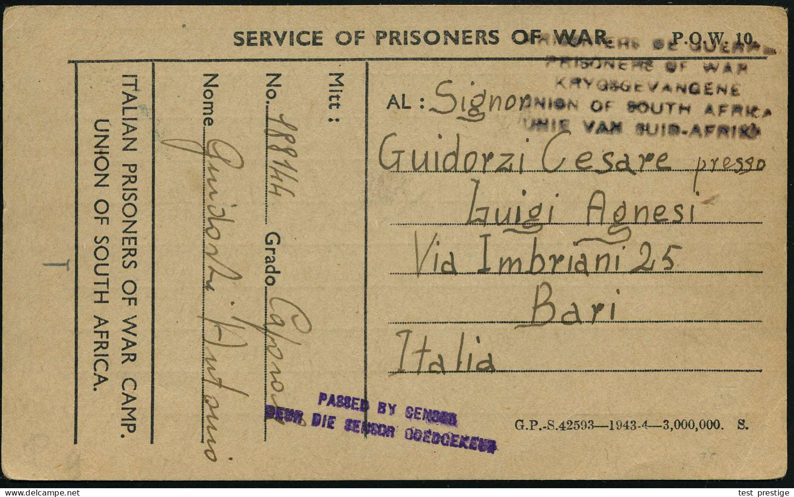 SÜDAFRIKA /  ITALIEN 1945 (8.3.) Kgf.-Vordr.-Kt.: ITALIAN PRISONERS OF WAR CAMP./UNION OF SOUTH AFRICA + Viol. Zensur-2L - Rotes Kreuz