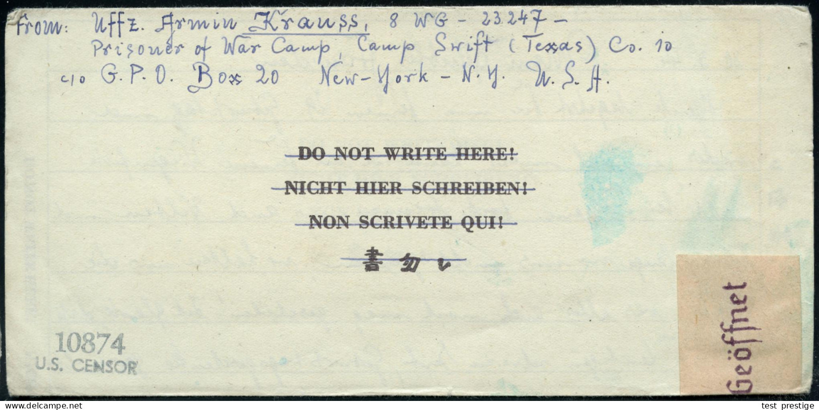 U.S.A. /  DEUTSCHES REICH 1944 (3.3.) MaWellenSt.: NEW YORK N.Y. + Rs. Schw. Zensur-2L: 10874/U.S. CENSOR (Wo.2) + Viol. - Cruz Roja