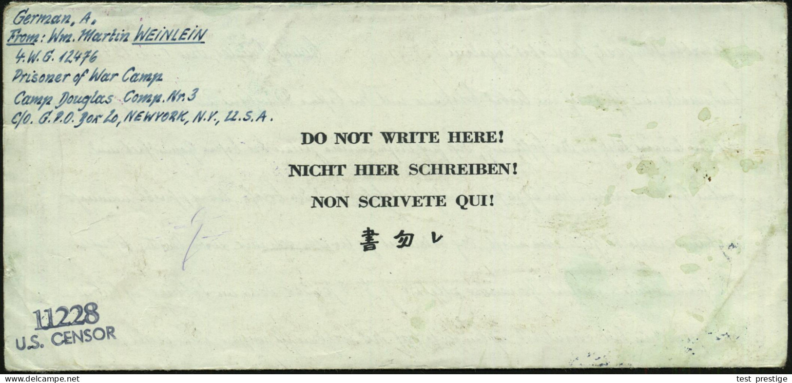 U.S.A. /  DEUTSCHES REICH 1945 (7.3.) Viol. Zifferblatt-2K: DISPATCHED../Post Office/P. Of W. Camp + 1L: GEBUEHRENFREI + - Rode Kruis