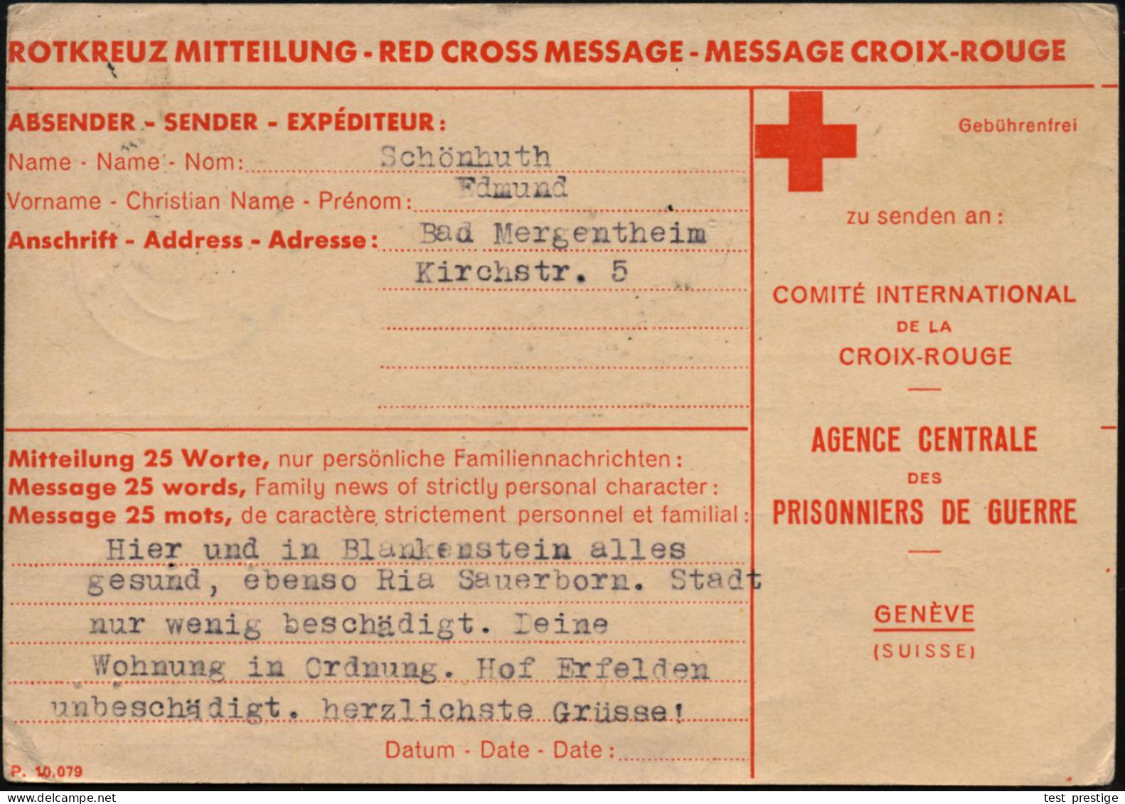 BAD MERGENTHEIM/ B 1945 (27.12.) 1K-Brücke + Schw. Ra.4: RETURN/FOR BETTER ADRESS/ZURÜCK/NEUE ANSCHRIFT AB-WARTEN , Rote - Croix-Rouge