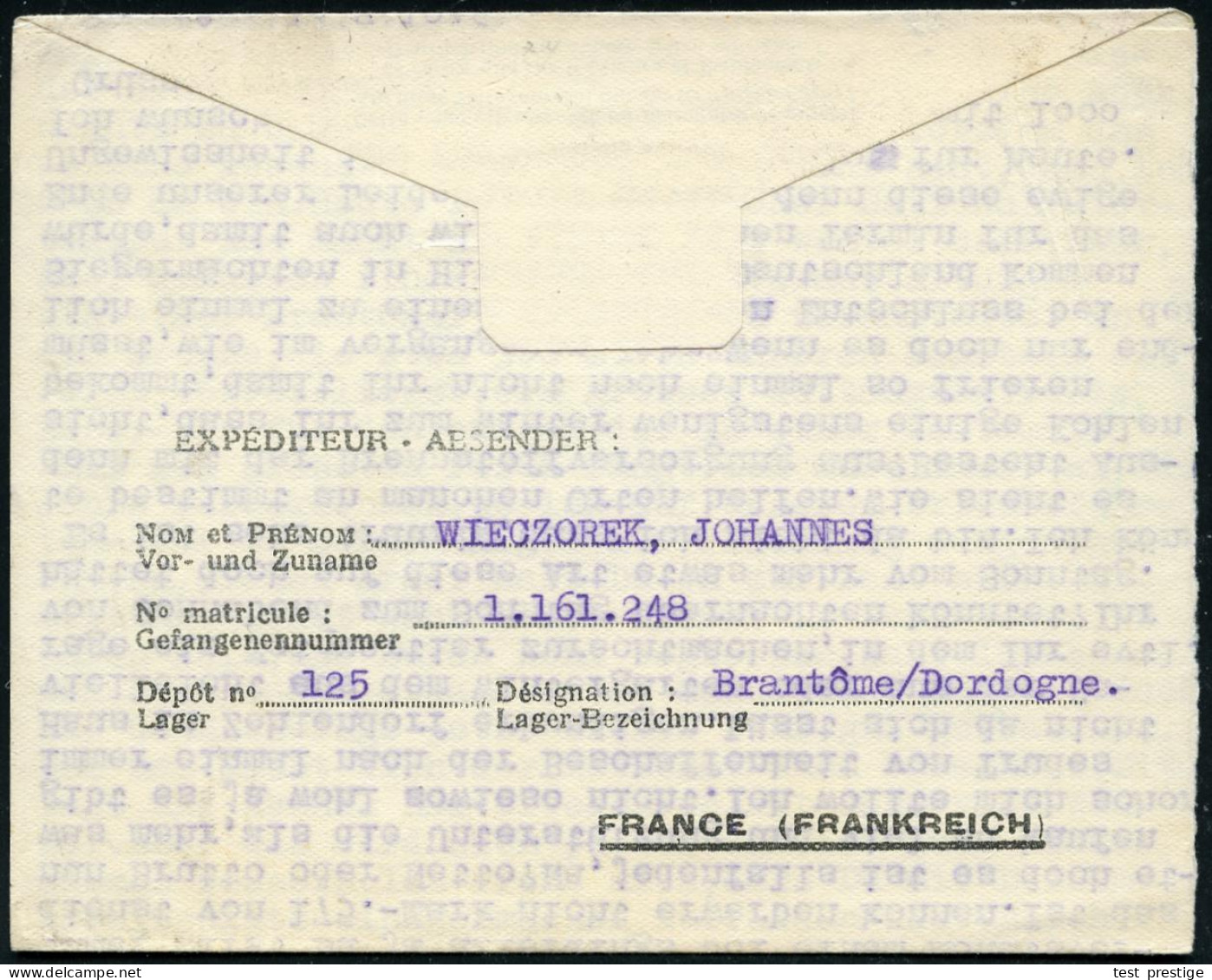 FRANKREICH 1946 (14.7.) Zweisprachiger Kgf.-Faltbf. Eines Deutschen Kgf., Viol. Zensur-2K: DEPOT P.G. 125/VU.. (Lager Br - Croix-Rouge