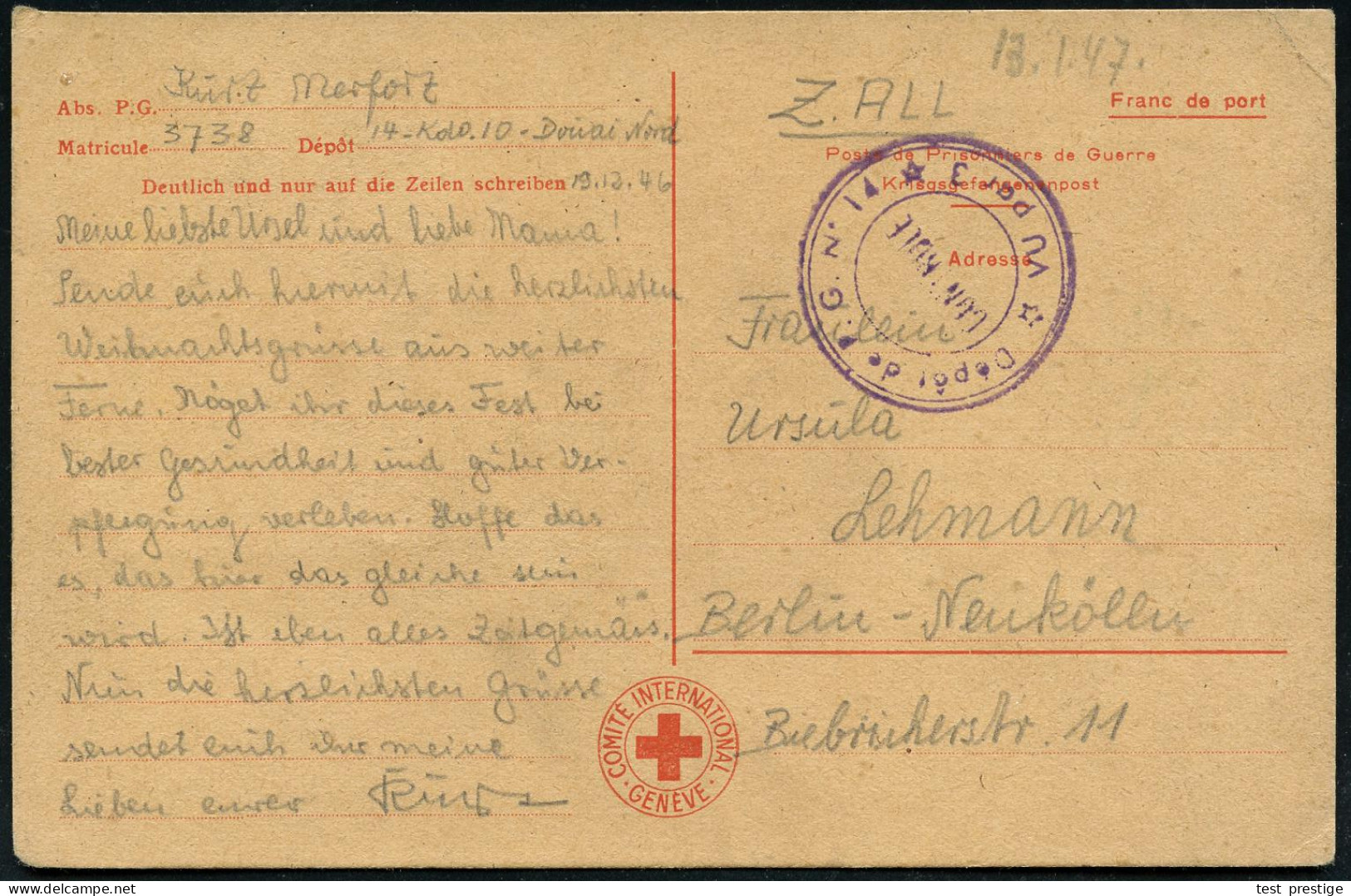 FRANKREICH 1946 (19.12.) Viol. Zensur-3K: Dep&ocirc;t De P. G. No. 14/ Vu Par 3/CONTROLE Auf IRK-Weihnachts-Sonder-Kt.:  - Rotes Kreuz