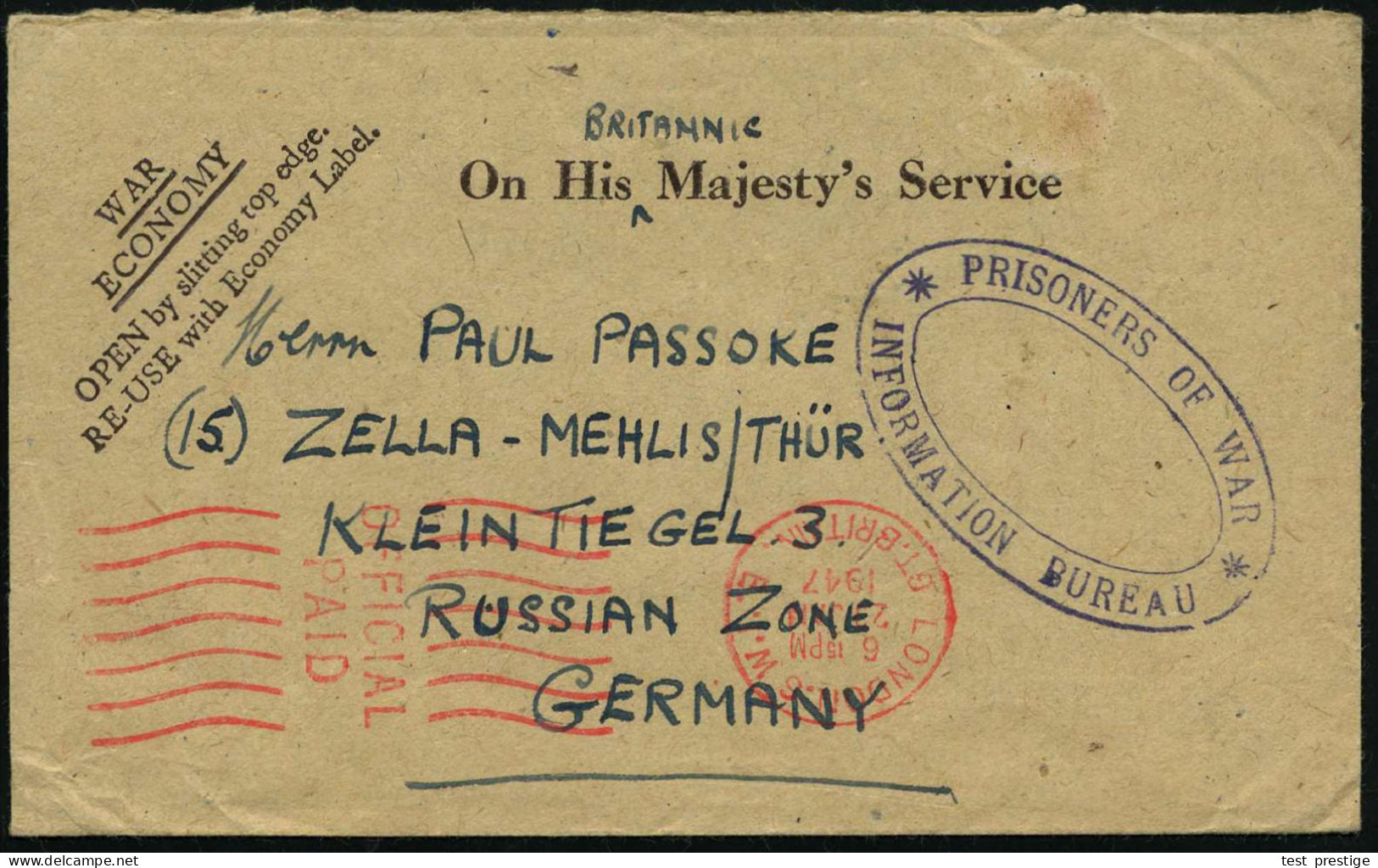 GROSSBRITANNIEN 1947 (23.1.) Dienst-Bf.: WAR ECONOMY.. , Roter PFS: LONDON S.W.I./OFFICIAL/PAID + Viol. Doppel-Oval: PRI - Rotes Kreuz