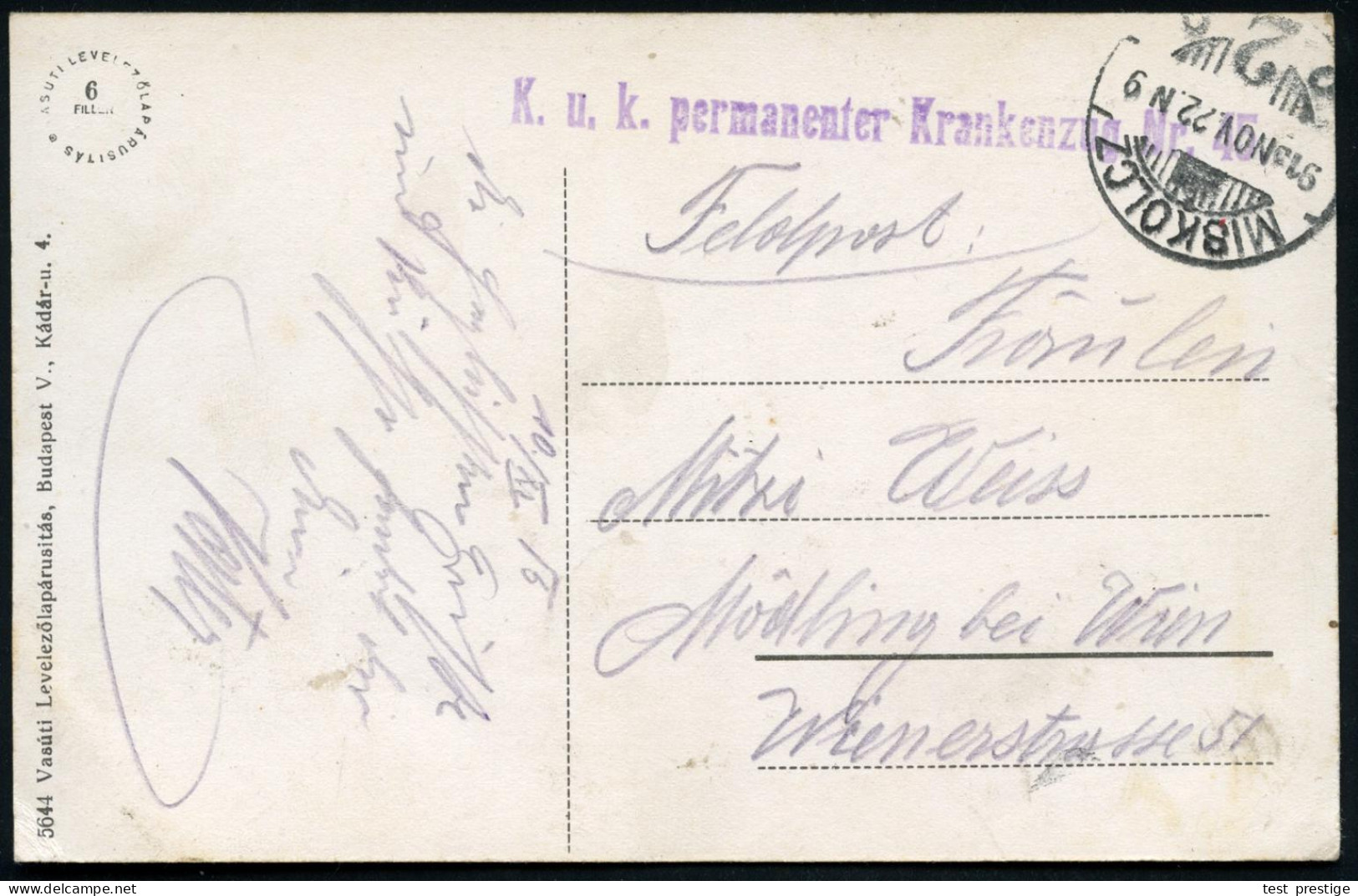 UNGARN 1915 (22.11.) 1K-Gitter: MISKOLCZ/2 + Viol. 1L: K. U. K. Permanenter Krankenzug Nr. 45 , Monochrome Feldpost-Ak.: - Medicine