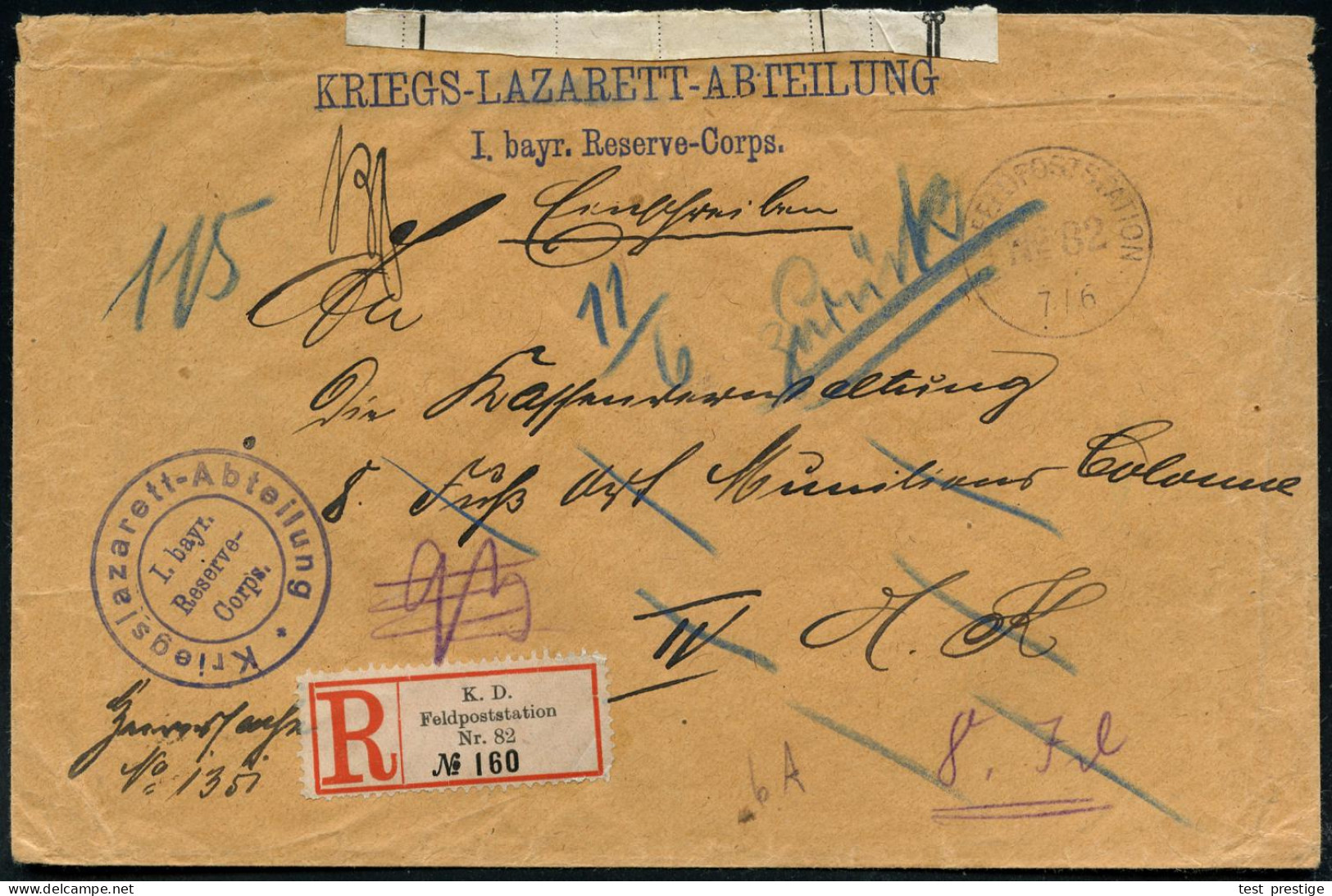 DEUTSCHES REICH 1916 (7.6.) 1K: FELDPOSTSTATION/No 82 + Gez. RZ: K. D./ Feldpoststation/Nr. 82 + Viol. 2K-HdN: Kriegslaz - Medicina