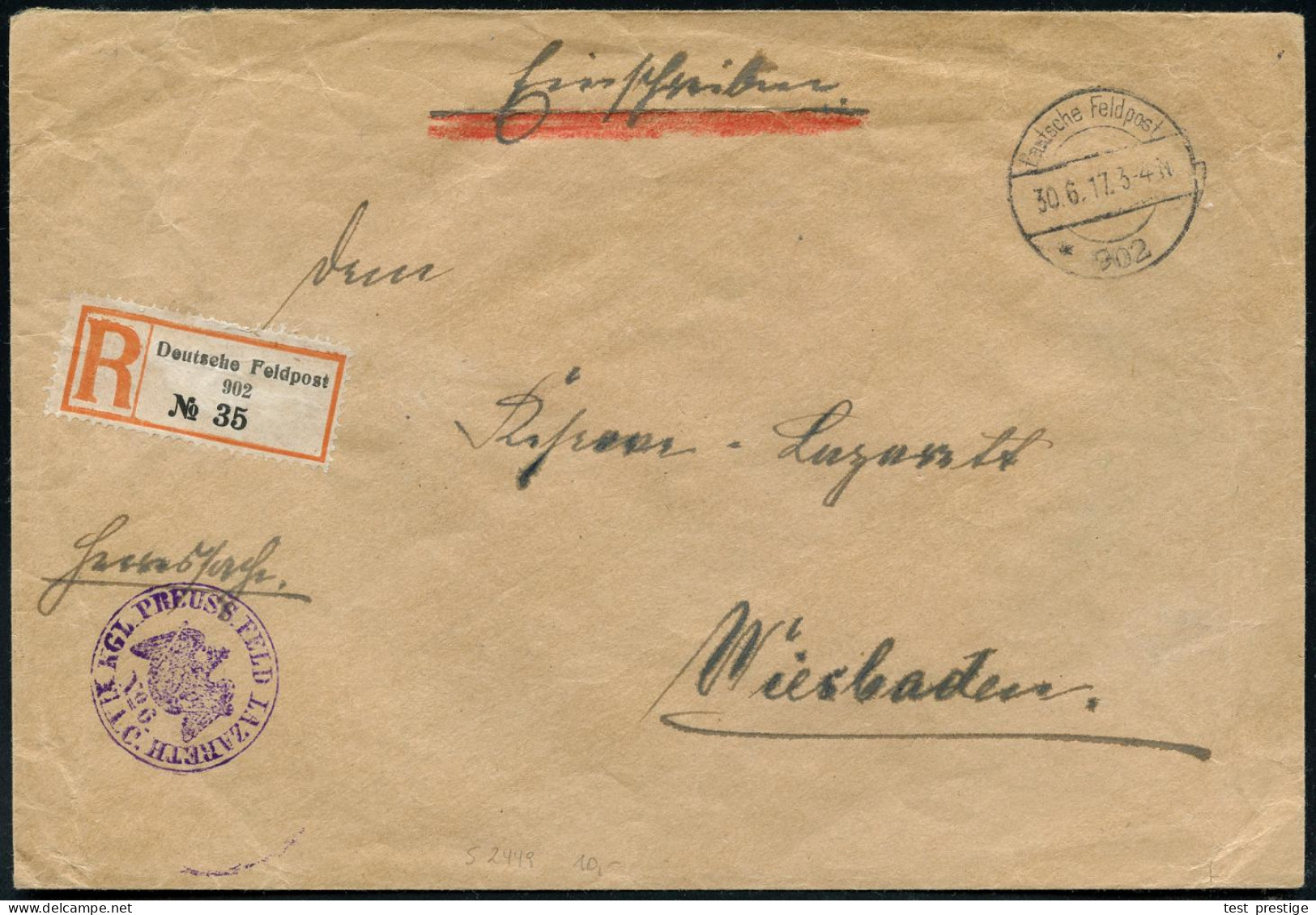 DEUTSCHES REICH 1917 (30.6.) 1K-Brücke: Deutsche Feldpost/* 902 + Gez. RZ: Deutsche Feldpost/ 902 + Viol. 1K-HdN: KGL. P - Medicina