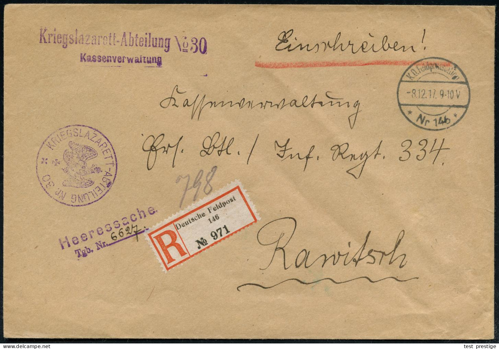 DEUTSCHES REICH 1917 (8.12.) 1K-Brücke: K. D. Feldpoststation/* Nr.146 * + Gez. RZ: Deutsche Feldpost/ 146 + Viol. 1K-Hd - Medizin