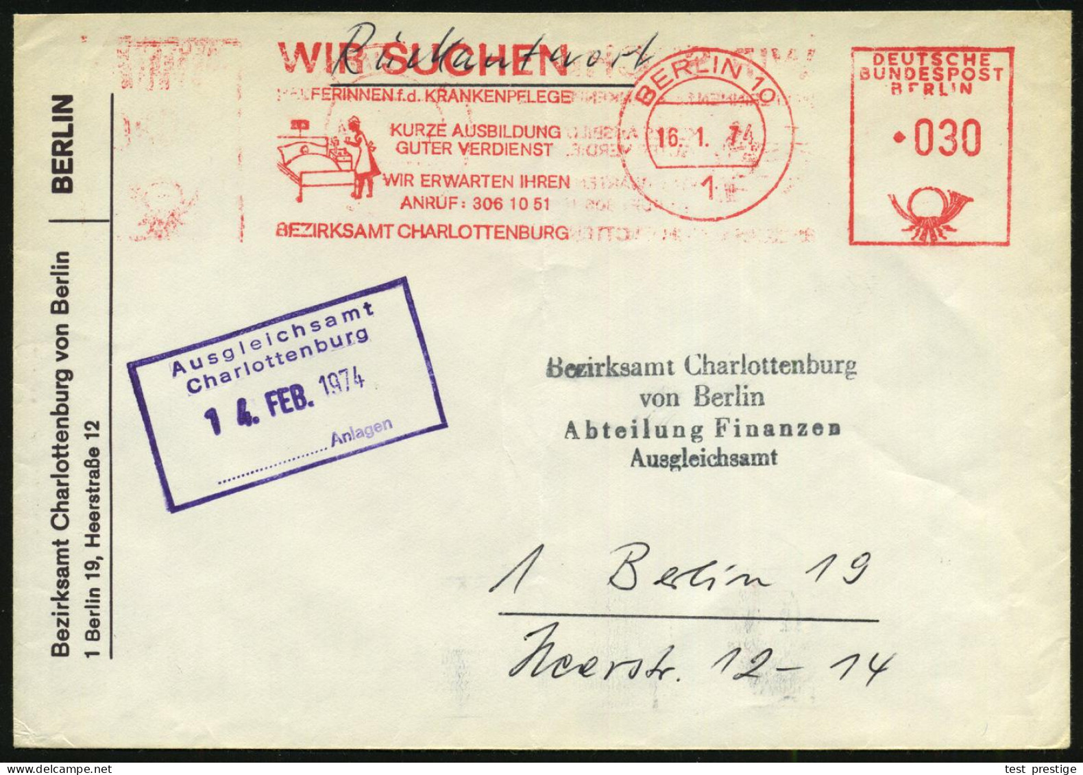 1 BERLIN 10/ WIR SUCHEN/ HELFERINNEN F.d.KRANKENPFLEGE/ ..BEZIRKSAMT CHARLOTTENBURG 1974 (16.1.) AFS = Krankenschwester  - Medicina