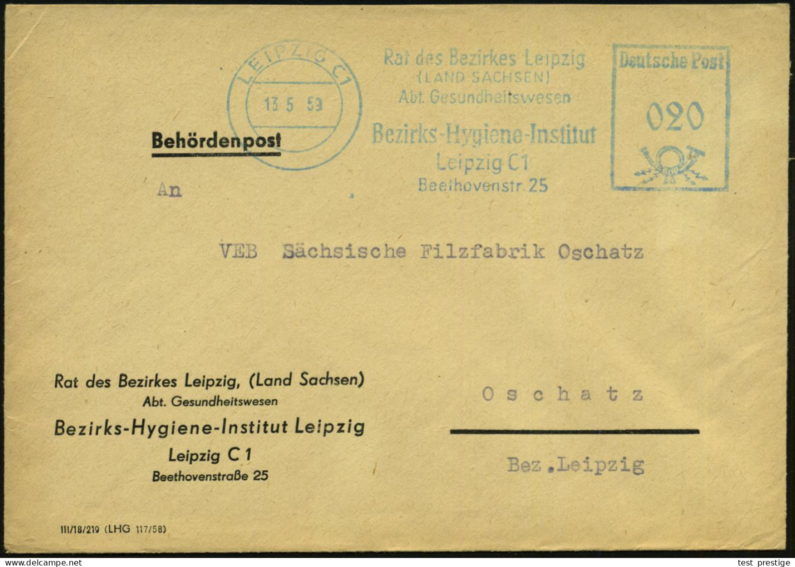 LEIPZIG C1/ Rat Des Bezirkes Leipzig/ (LAND SACHSEN)/ Abt.Gesundheitswesen/ Bezirks-Hygiene-Institut.. 1959 (13.5.) Blau - Medicine