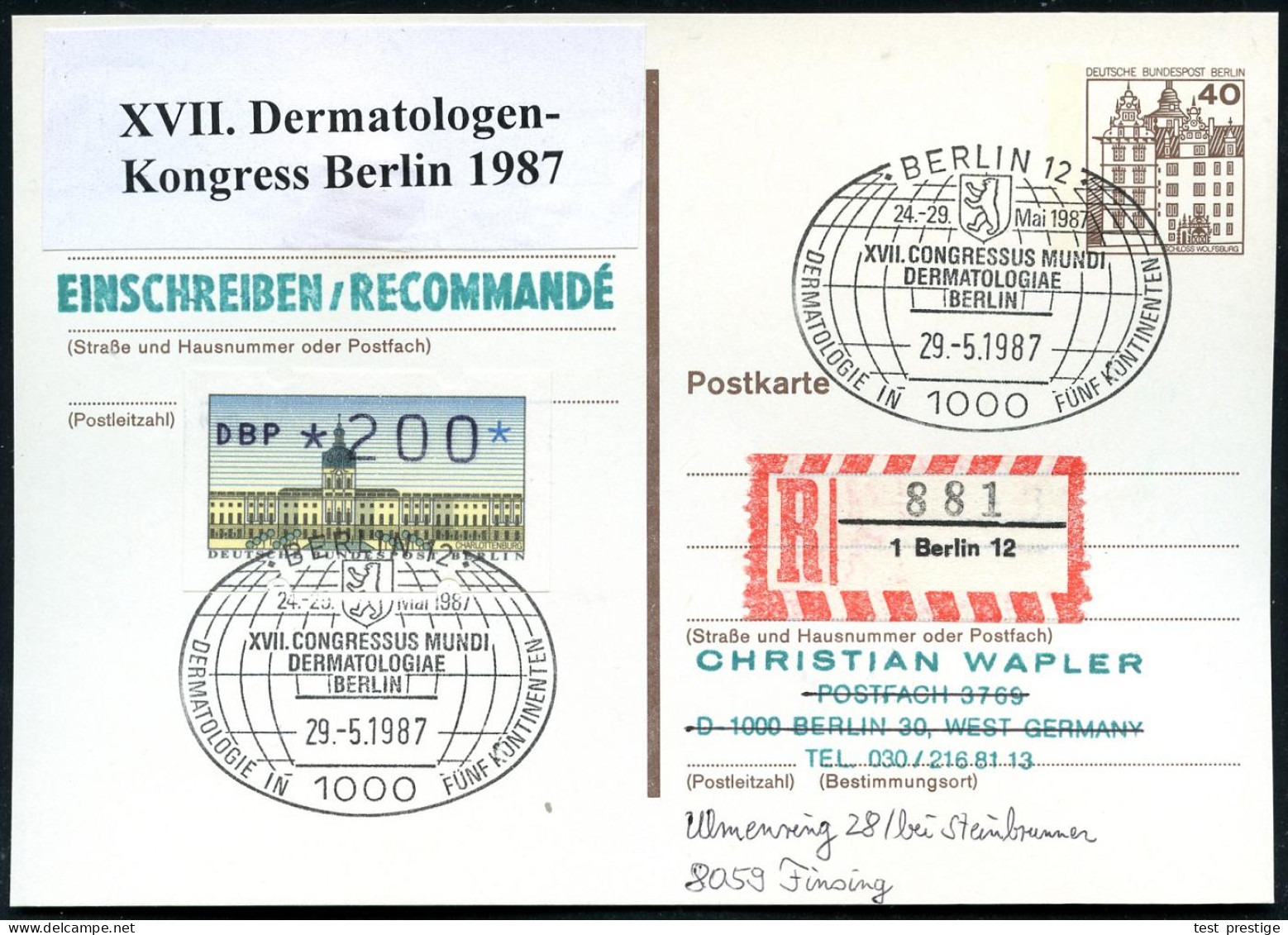 1000 BERLIN 12/ XVII.CONGRESSUS MUNDI/ DERMATOLOGIAE.. 1987 (25.9.) Lateinisch-deutscher SSt = 17. Dermatologen-Weltkong - Medizin
