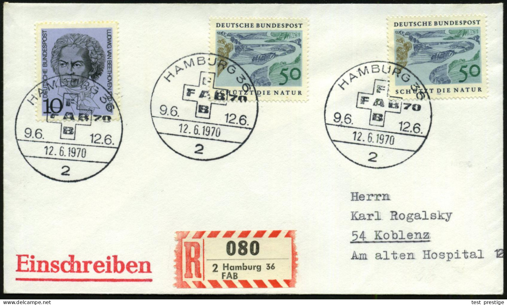 2 HAMBURG 36/ F A B 70 1970 (12.6.) SSt (Kreuz) = Fachausst. Für Anstalts-Bedarf + Sonder-RZ: 2 Hamburg 36/ F A B (NEZ-K - Medicina