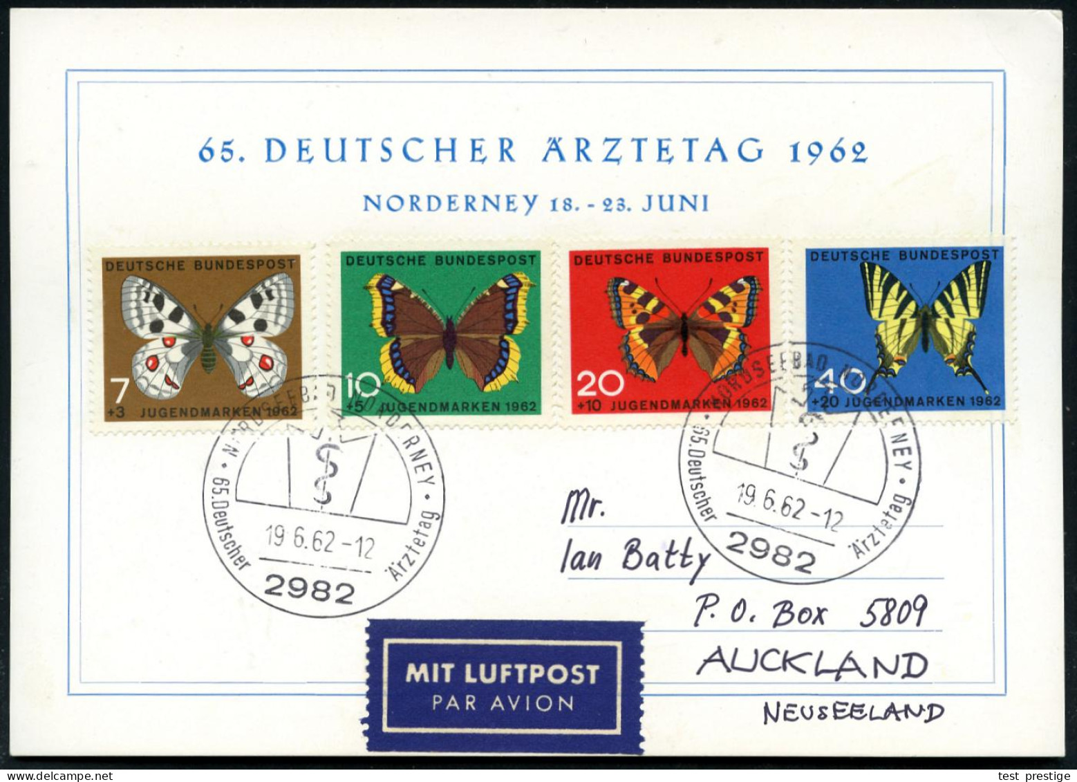 2982 NORDSEEBAD NORDERNEY/ 65.Deutscher Ärztetag 1962 (19.6.) SSt (= Aeskulapstab) 2x Auf Kompl. Satz Wofa (Schmetterlin - Medizin