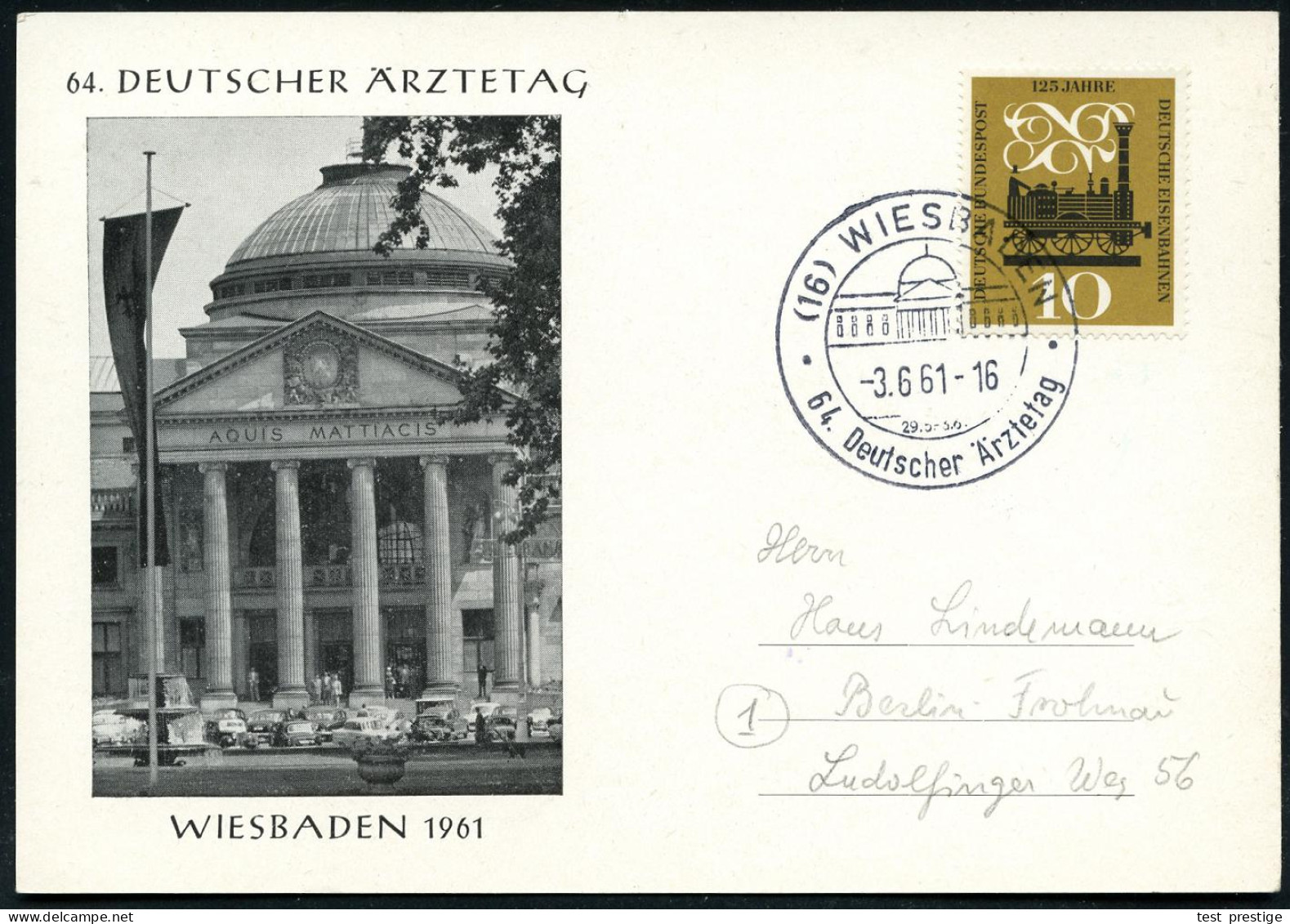 (16) WIESBADEN/ 64.Deutscher Ärztetag 1961 (31.5.) SSt (Kurhaus) Klar Gest., Motivgl. Sonder-Kt.! (Kurhaus) Inl.-Kt. (Bo - Medizin