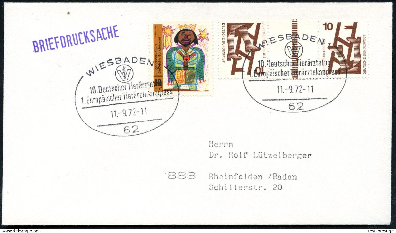62 WIESBADEN 1/ 10.Europ.Tierärztetag/ 1.Europ.Tierärztekongress 1972 (11.9.) SSt (Logo) 2x Klar Gest. Inl.-Bf. (Bo.217  - Medizin