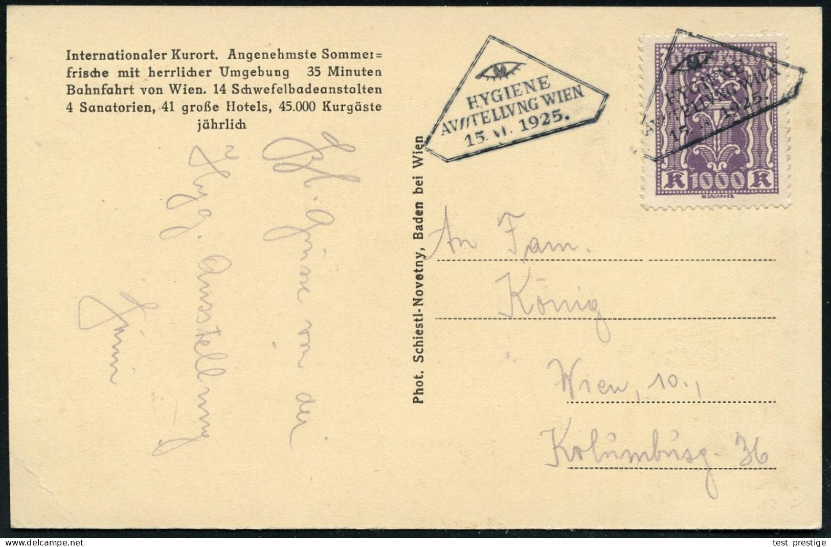 ÖSTERREICH 1925 (15.6.) Seltener Dreieck-SSt.: HYGIENE/AUSSTELLUNG WIEN = Auge Auf Infla-EF 1000 Kr. , Klar Gest. Orts-F - Medizin
