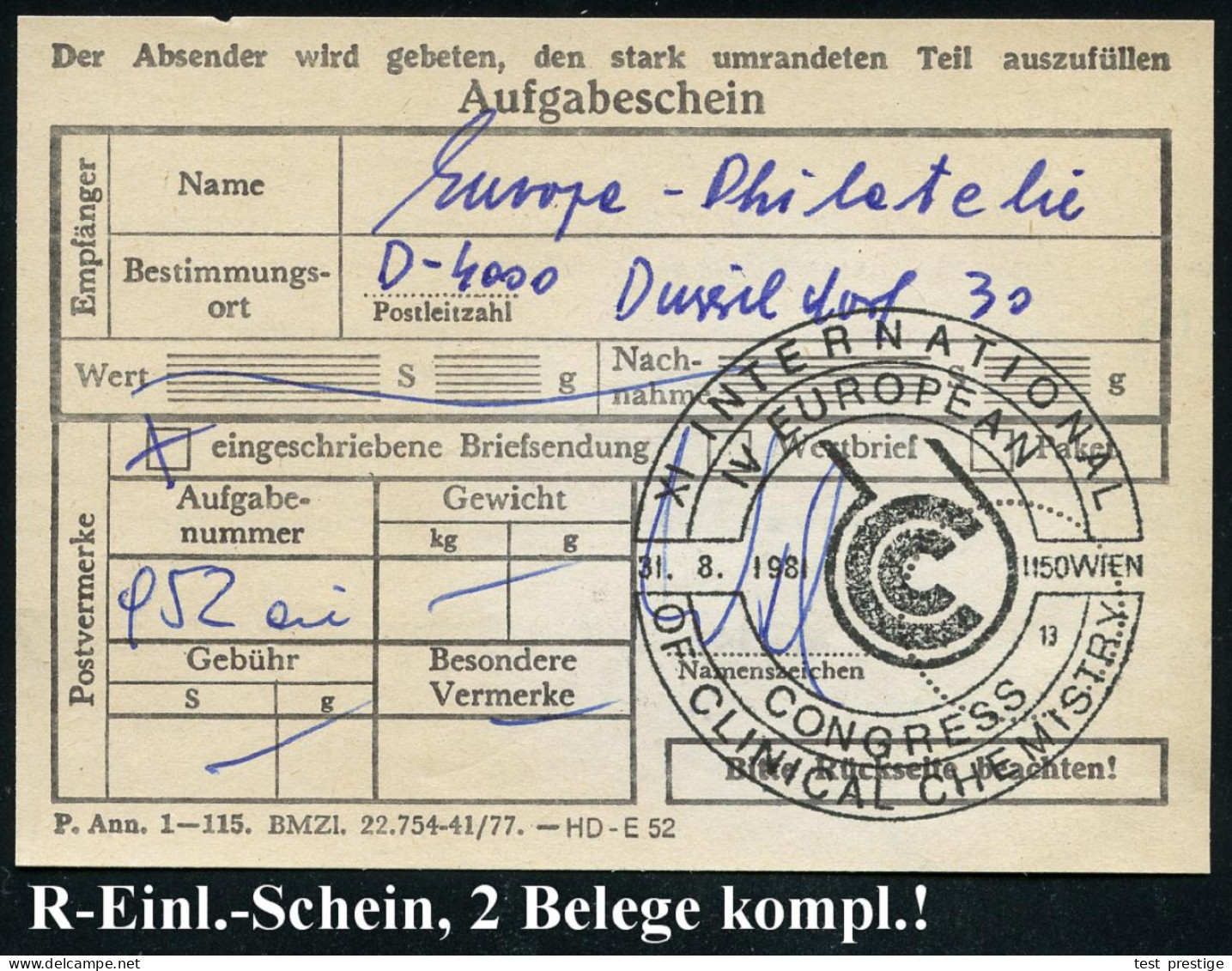 ÖSTERREICH 1981 (31.8.) SSt: 1150 WIEN/XI INT./IV. EUROPEAN/CONGRESS/OF CLINICAL CHEMISTRY (Logo) + Sonder-RZ: 1150 Wien - Médecine