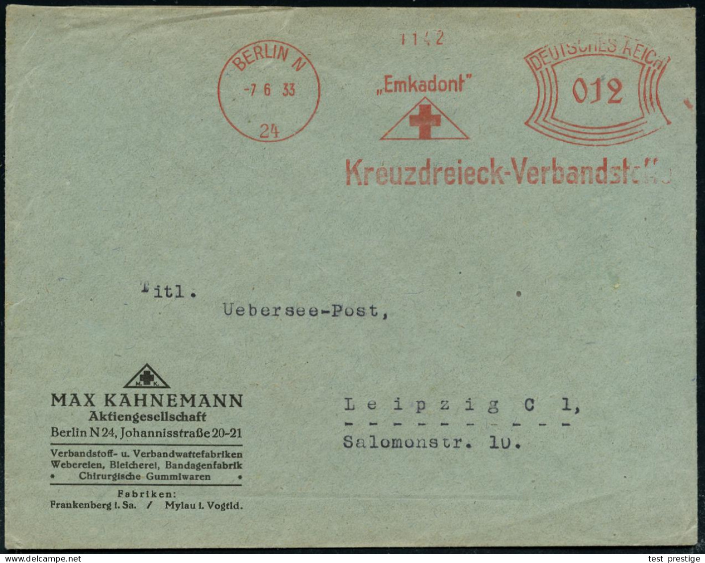 BERLIN N/ 24/ "Emkadont"/ Kreuzdreieck-Verbandsstoffe 1933 (7.6.) AFS Francotyp = Rotes Kreuz (im Dreieck) Firmen-Bf.: M - Medicina