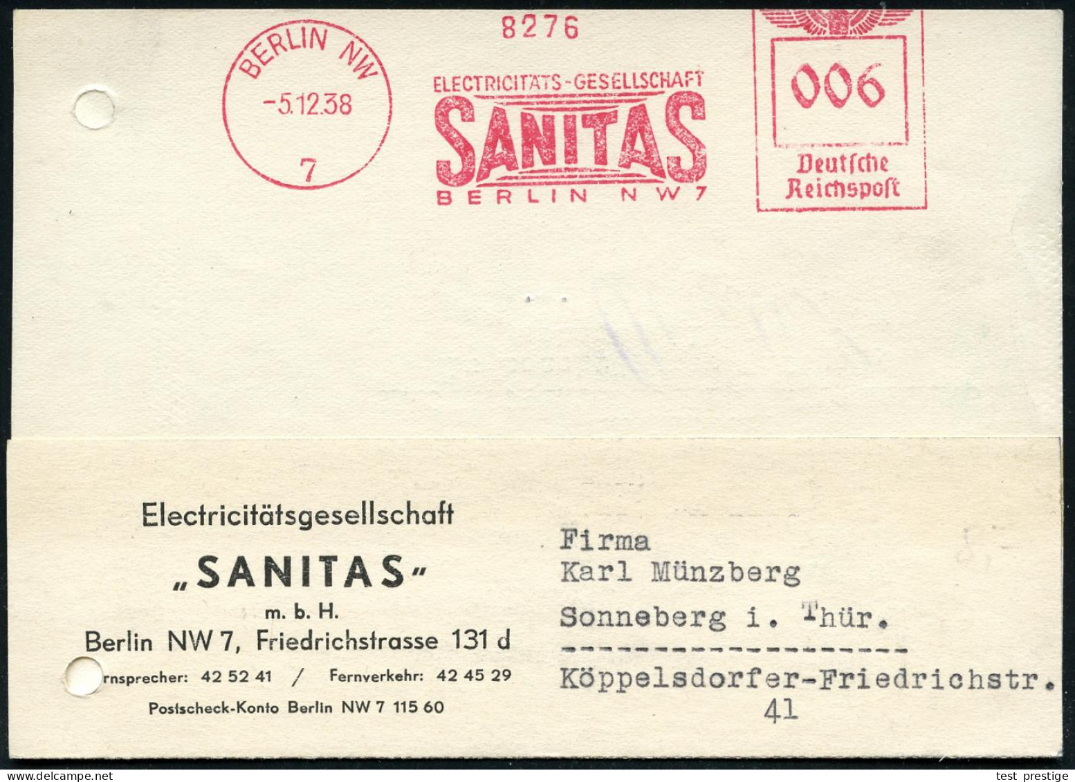 BERLIN NW/ 7/ ELECTRIZITÄTS-GESELLSCHAFT/ SANITAS 1938 (5.12.) AFS Francotyp (Kt. Links Reg.-Lochung Geschl.) Firmen-Fer - Medicine