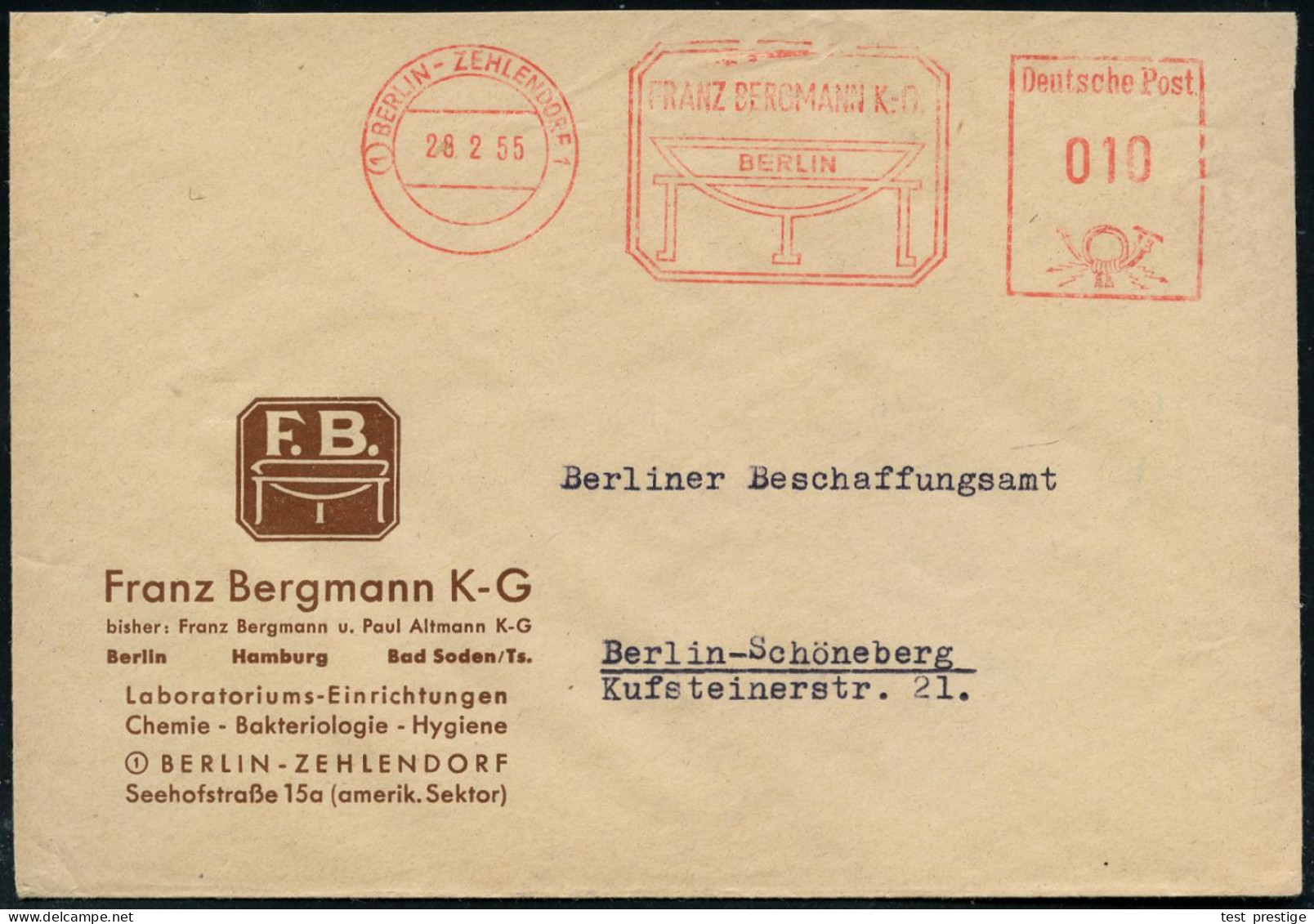 (1) BERLIN-ZEHLENDORF 1/ FRANZ BERGMANN KG. 1953 (12.11.) AFS (Schalen-Logo) Motivgl. Firmen-Bf.: Labora-toriums-Einrich - Medizin