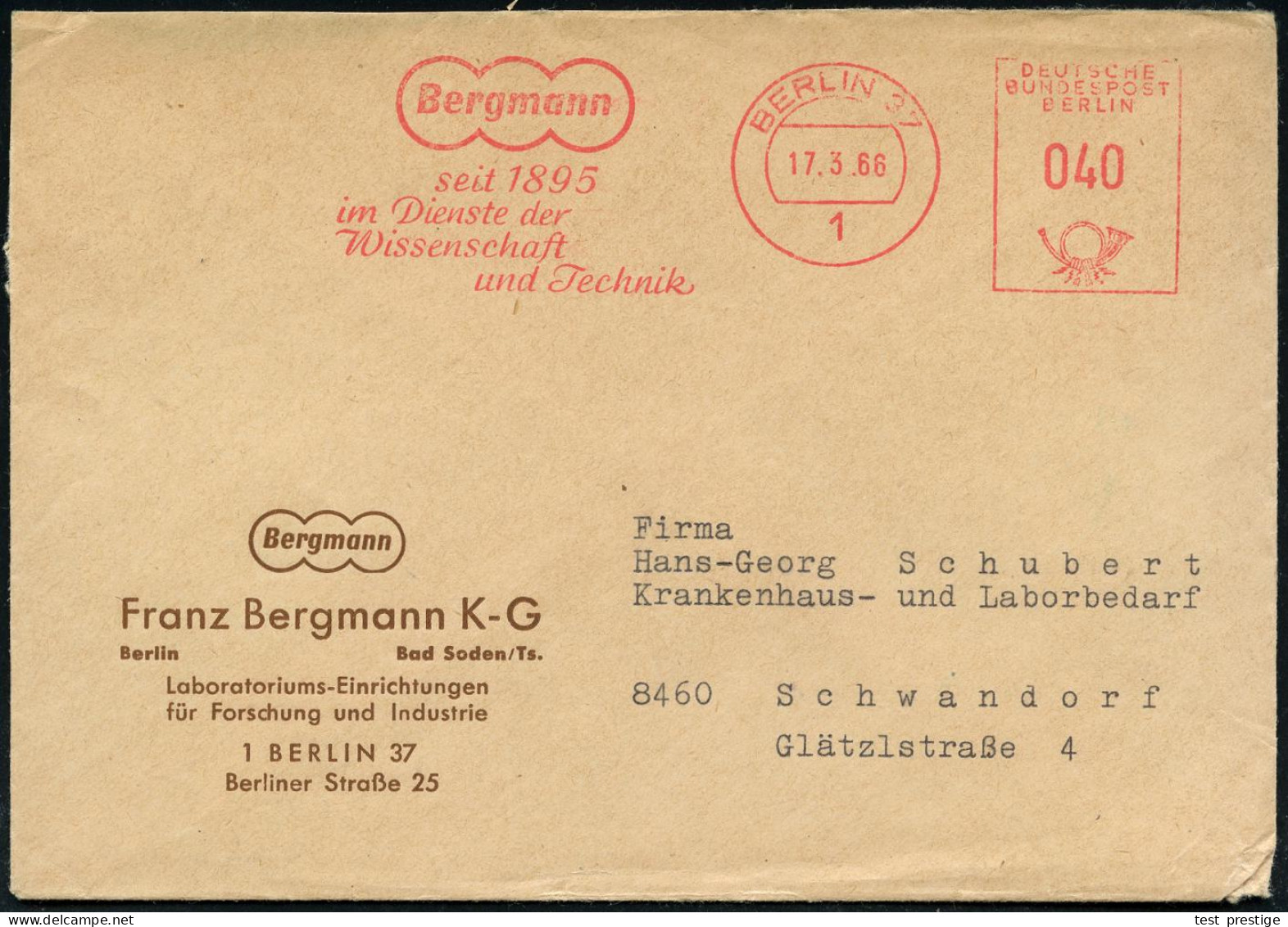 1 BERLIN3/ / Bergmann/ Seit 1895/ Im Dienste Der/ Wissenschaft.. 1966 (3.2.) AFS Auf Firmen-Bf.: Franz Bergmann KG, Labo - Medicine