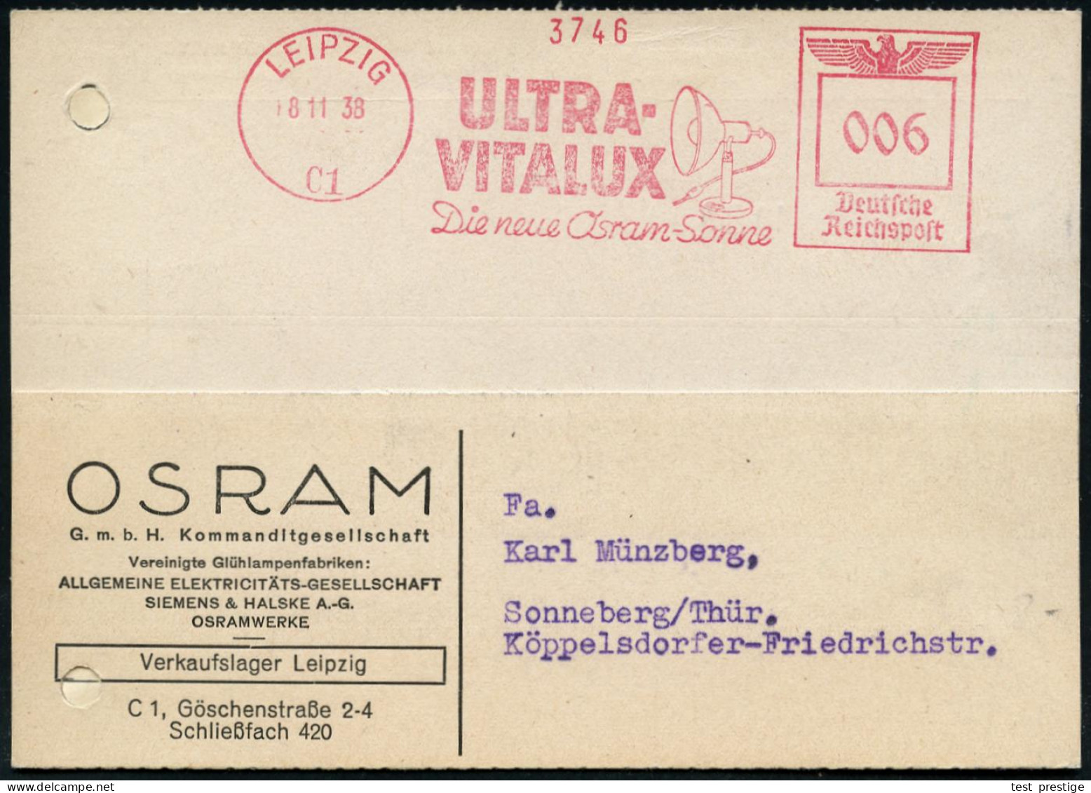 LEIPZIG/ C1/ ULTRA-/ VITALUX/ Die Neue Osram-Lampe 1938 (8.11.) Dekorativer AFS Francotyp = Bestrahlungs-Lampe (Kt. Link - Médecine