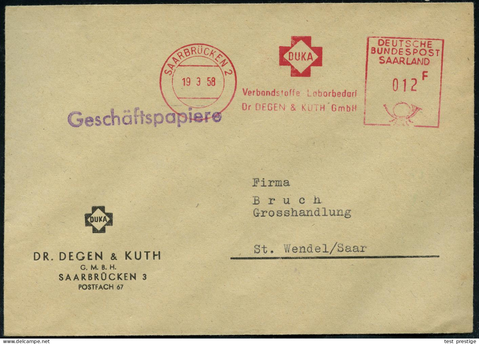 SAARBRÜCKEN 2/ DUKA/ Verbandstoffe Laborbedarf/ Dr.DEGEN & KUTH GmbH 1958 (19.3.) AFS Postalia "SAARLAND" 012 F. (Kreuz- - Médecine