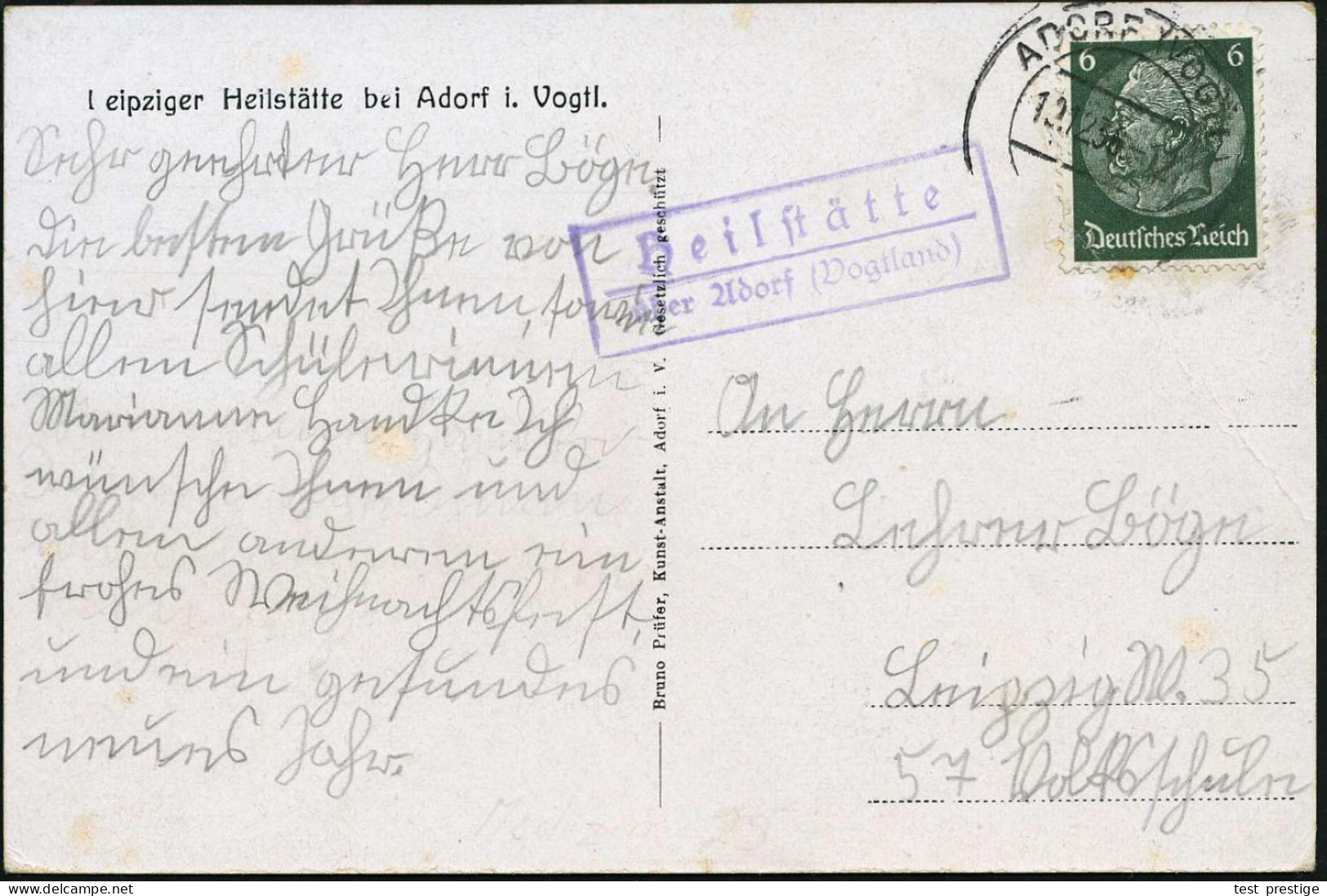 ADORF (VOGTL) 1936 (12.12.) 2K-Steg + Viol. Ra.2:  H E I L S T ä T T E /über Adorf (Vogtland) = PSt.II Hauspostamt , Kla - Medizin